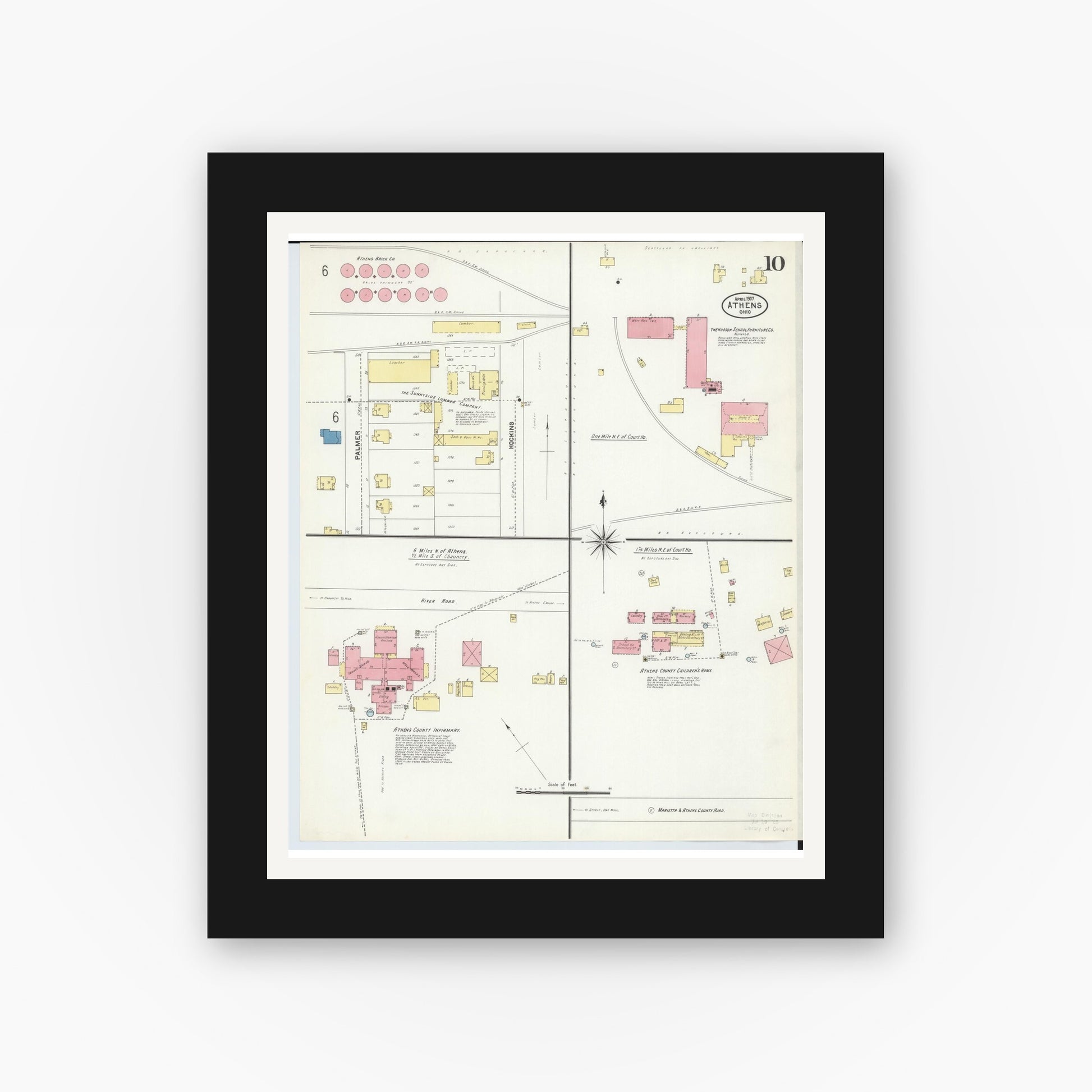 Old map wall art mockup — black gallery frame with white mat — Sanborn Fire Insurance Map from Athens, Athens County, Ohio (1907), Sheet #0010
