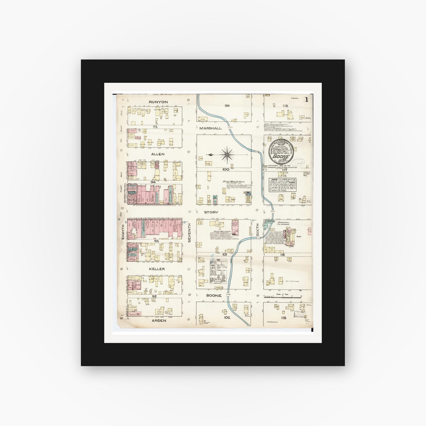 Old map wall art mockup — black gallery frame with white mat — Sanborn Fire Insurance Map from Boone, Boone County, Iowa (1883) â€” Complete Set