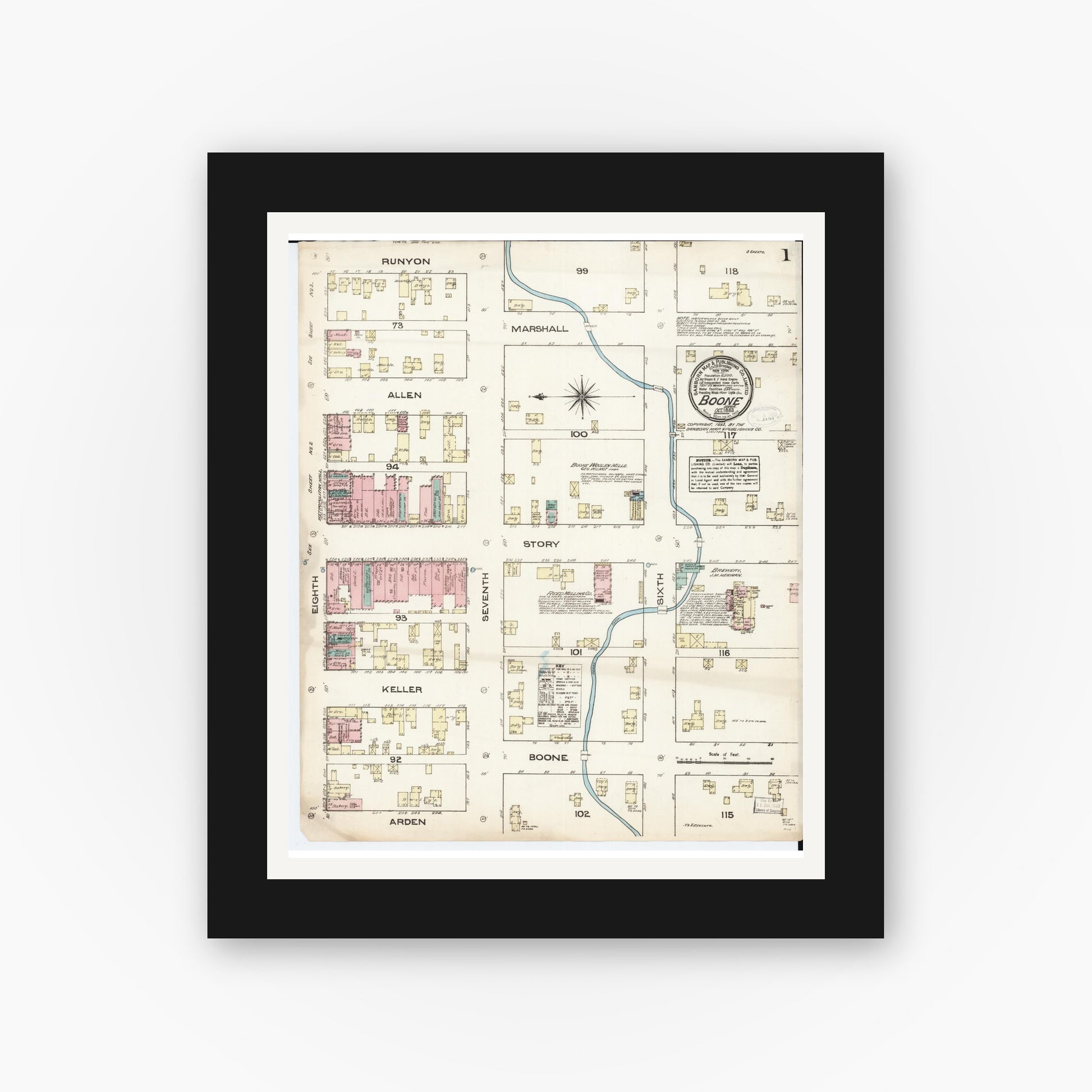 Old map wall art mockup — black gallery frame with white mat — Sanborn Fire Insurance Map from Boone, Boone County, Iowa (1883) â€” Complete Set