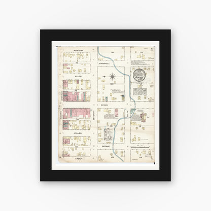 Old map wall art mockup — black gallery frame with white mat — Sanborn Fire Insurance Map from Boone, Boone County, Iowa (1883) â€” Complete Set
