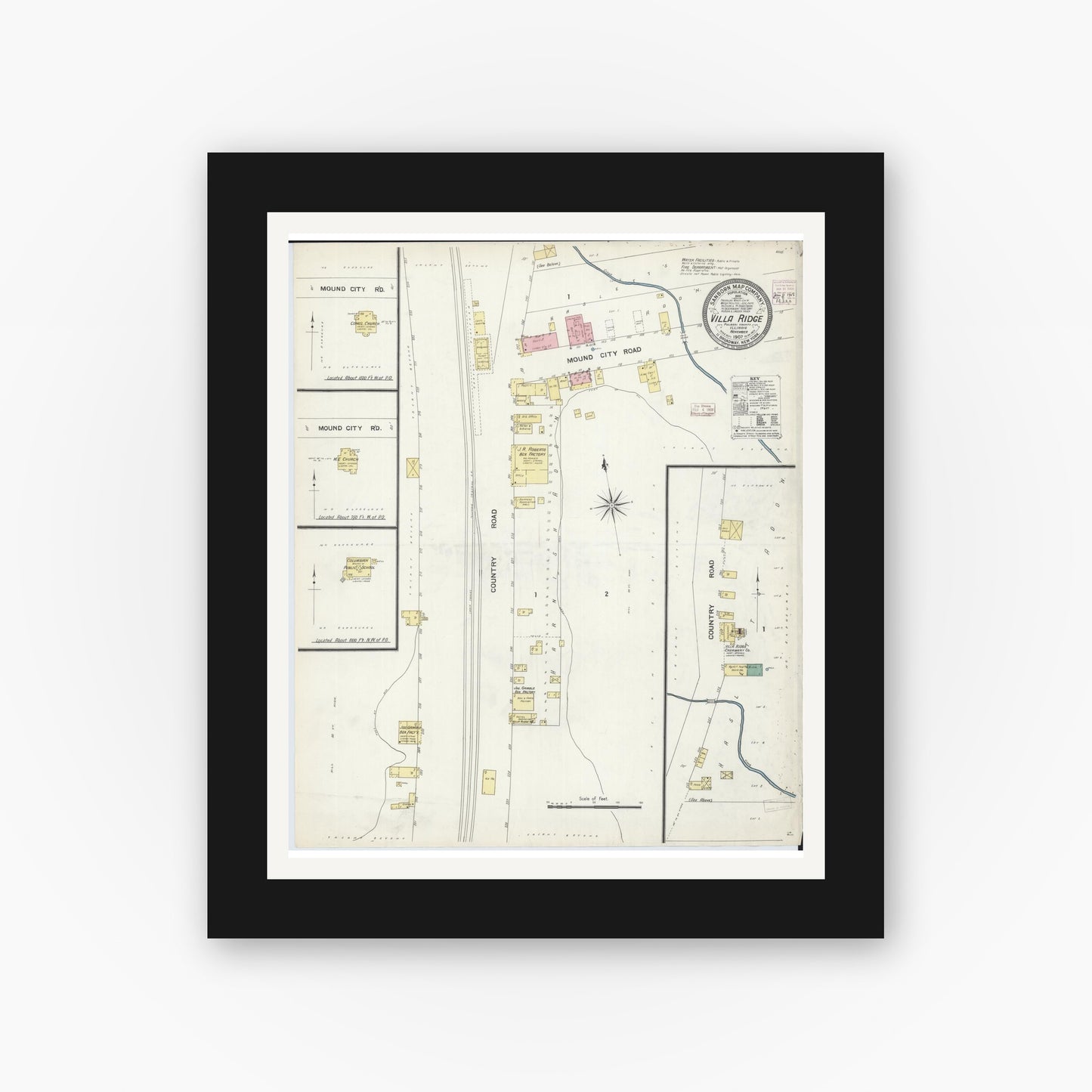Old map wall art mockup — black gallery frame with white mat — Sanborn Fire Insurance Map from Villa Ridge, Pulaski County, Illinois (1907), Sheet #0001