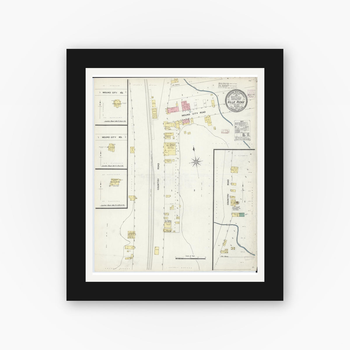 Old map wall art mockup — black gallery frame with white mat — Sanborn Fire Insurance Map from Villa Ridge, Pulaski County, Illinois (1907), Sheet #0001