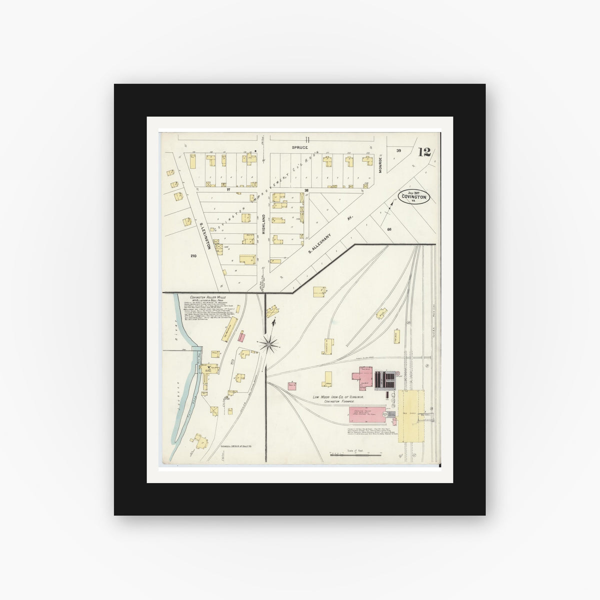 Old map wall art mockup — black gallery frame with white mat — Sanborn Fire Insurance Map from Covington, Independent Cities, Virginia (1907), Sheet #0012
