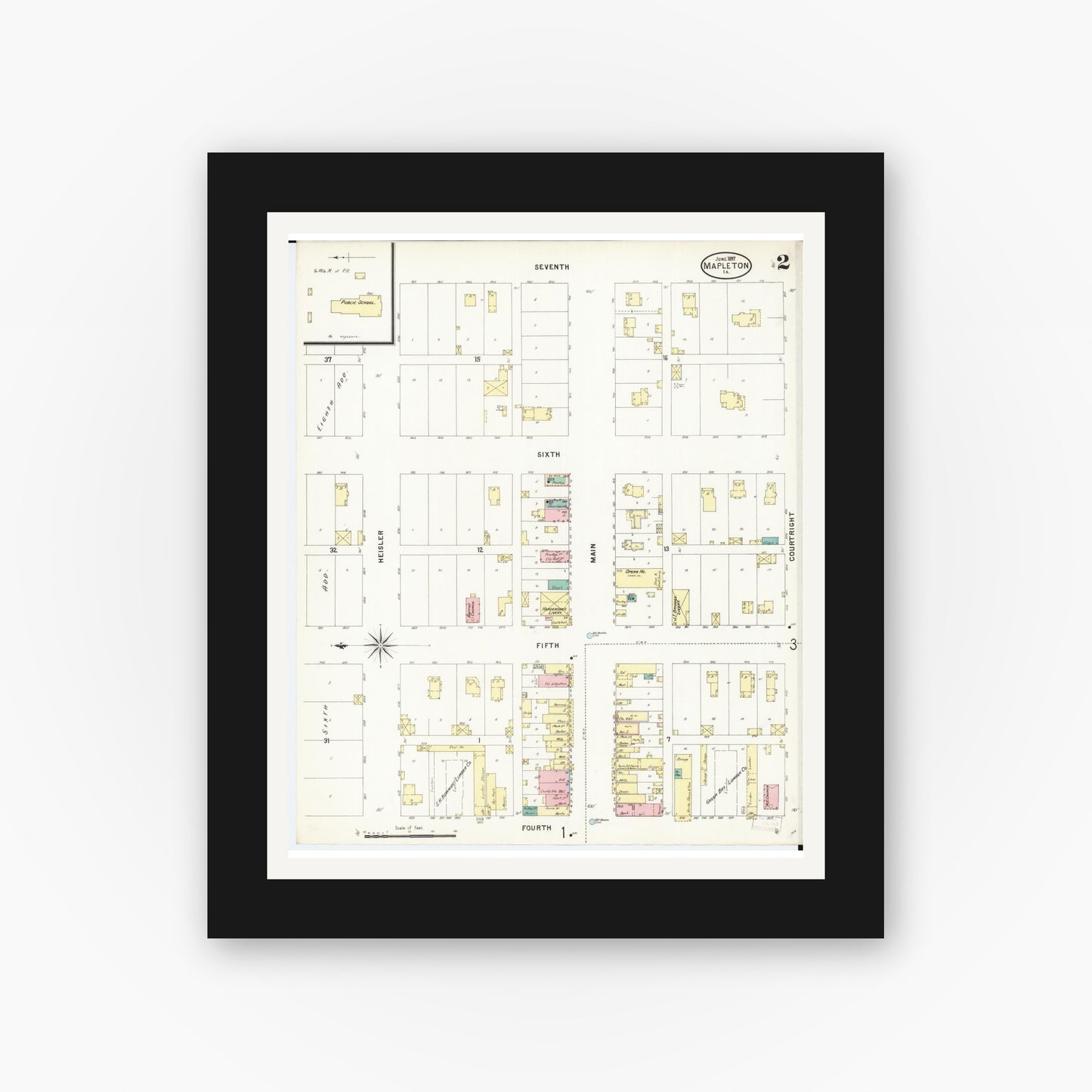 Old map wall art mockup — black gallery frame with white mat — Sanborn Fire Insurance Map from Mapleton, Monona County, Iowa (1897), Sheet #0002