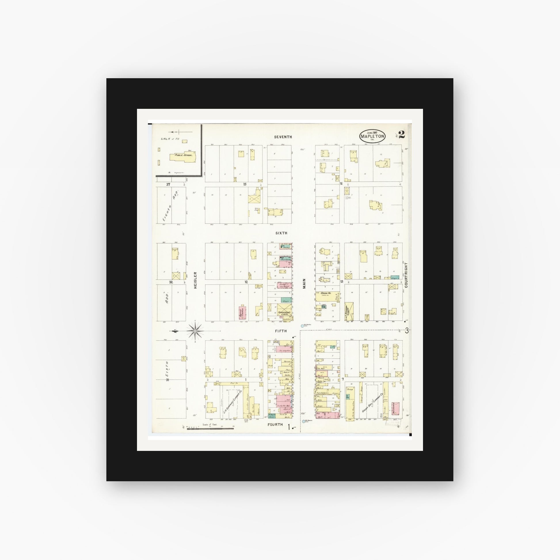 Old map wall art mockup — black gallery frame with white mat — Sanborn Fire Insurance Map from Mapleton, Monona County, Iowa (1897), Sheet #0002