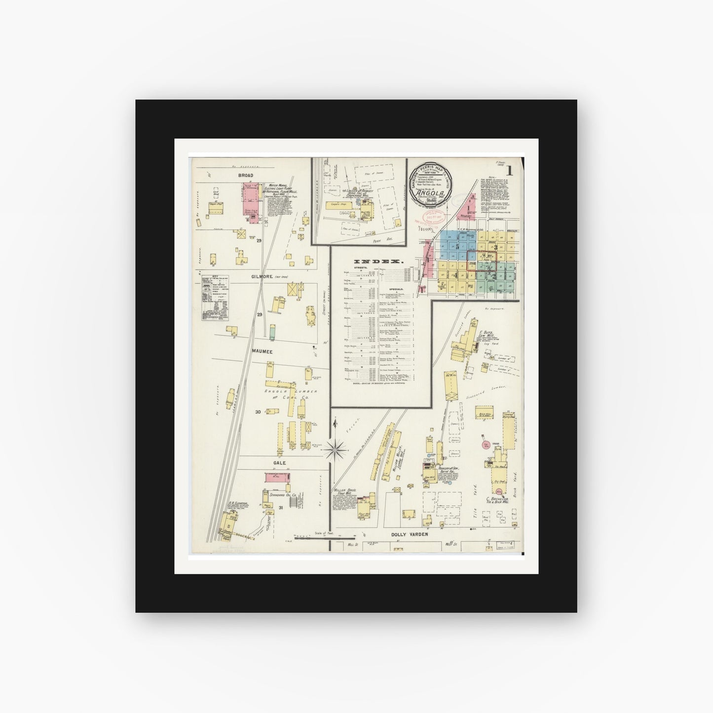 Old map wall art mockup — black gallery frame with white mat — Sanborn Fire Insurance Map from Angola, Steuben County, Indiana (1897) - Complete Map Set