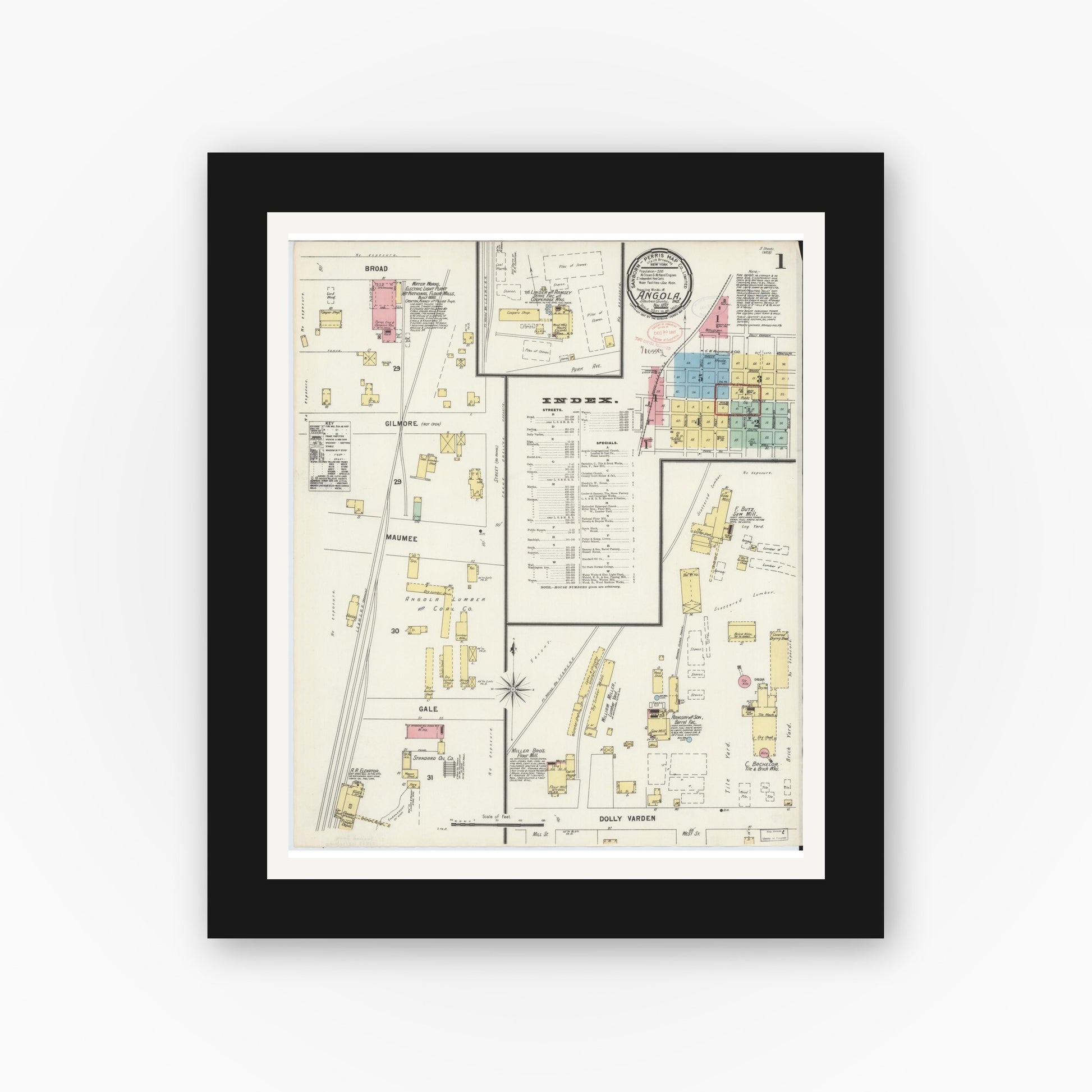Old map wall art mockup — black gallery frame with white mat — Sanborn Fire Insurance Map from Angola, Steuben County, Indiana (1897) - Complete Map Set