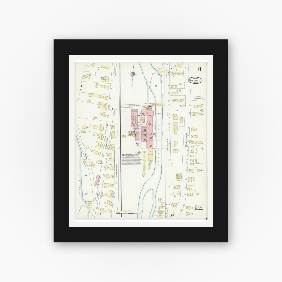 Old map wall art mockup — black gallery frame with white mat — Sanborn Fire Insurance Map from Greenfield, Franklin County, Massachusetts (1914), Sheet #0008