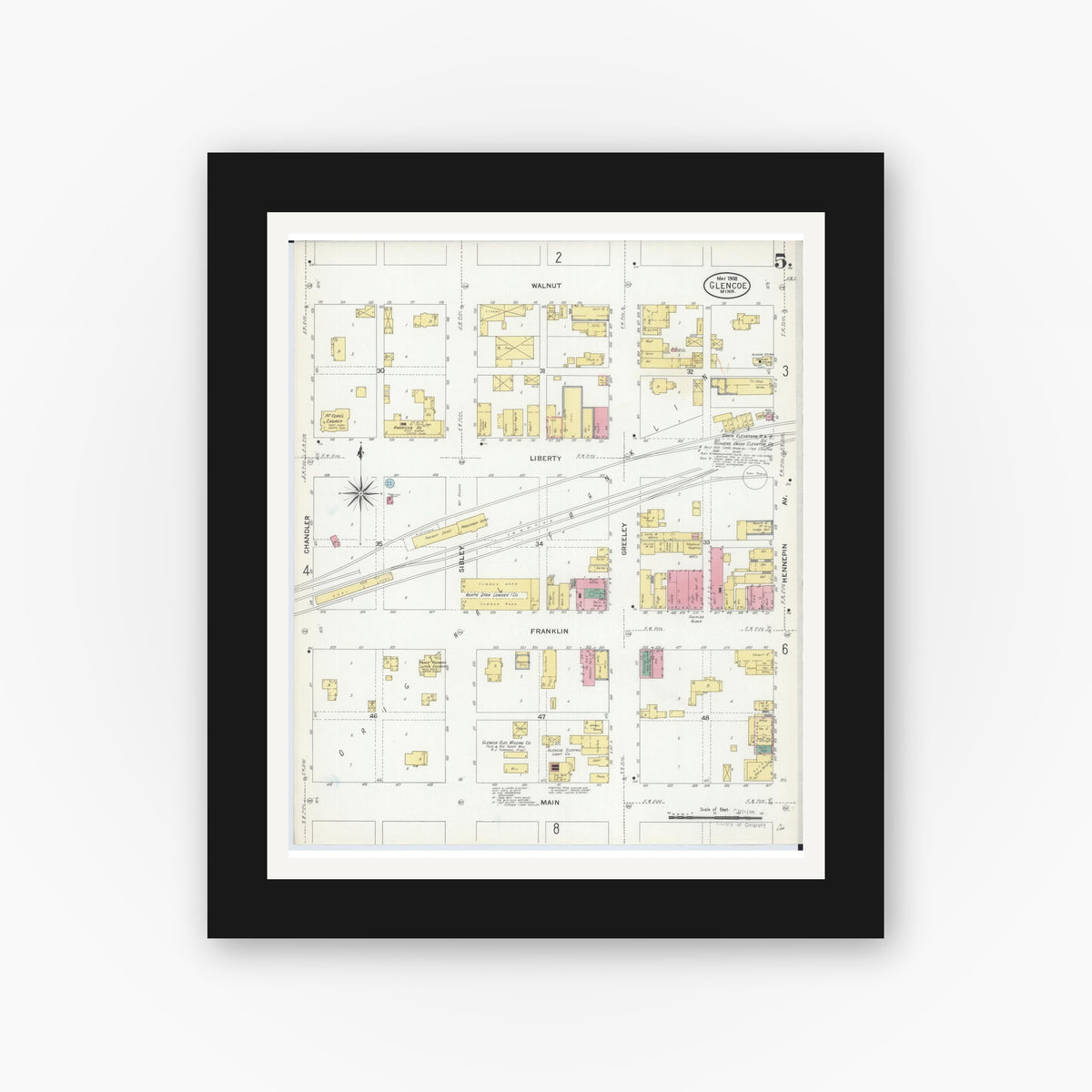 Old map wall art mockup — black gallery frame with white mat — Sanborn Fire Insurance Map from Glencoe, Mcleod County, Minnesota (1908), Sheet #0005