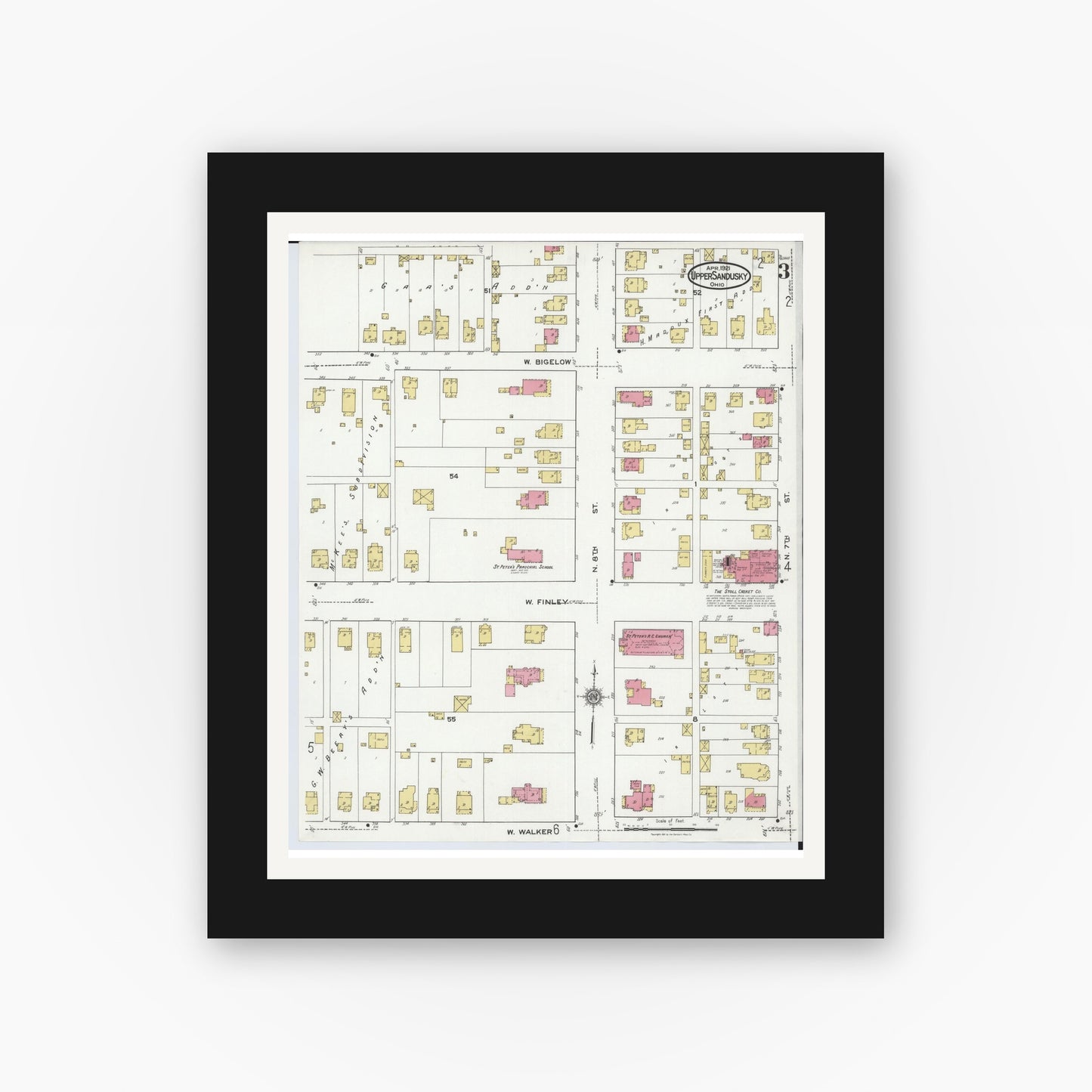 Old map wall art mockup — black gallery frame with white mat — Sanborn Fire Insurance Map from Upper Sandusky, Wyandot County, Ohio (1921), Sheet #0003