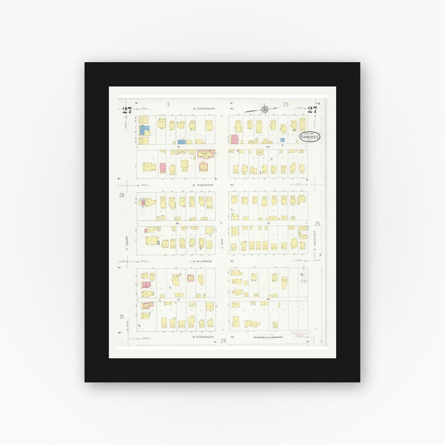 Old map wall art mockup — black gallery frame with white mat — Sanborn Fire Insurance Map from Kankakee, Kankakee County, Illinois (1930), Sheet #0027