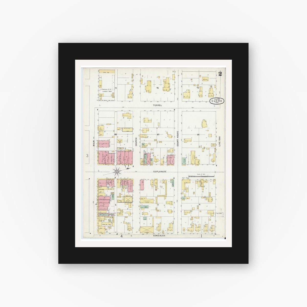 Old map wall art mockup — black gallery frame with white mat — Sanborn Fire Insurance Map from Cuero, De Witt County, Texas (1896), Sheet #0002