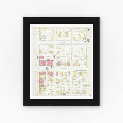 Old map wall art mockup — black gallery frame with white mat — Sanborn Fire Insurance Map from Cuero, De Witt County, Texas (1896), Sheet #0002