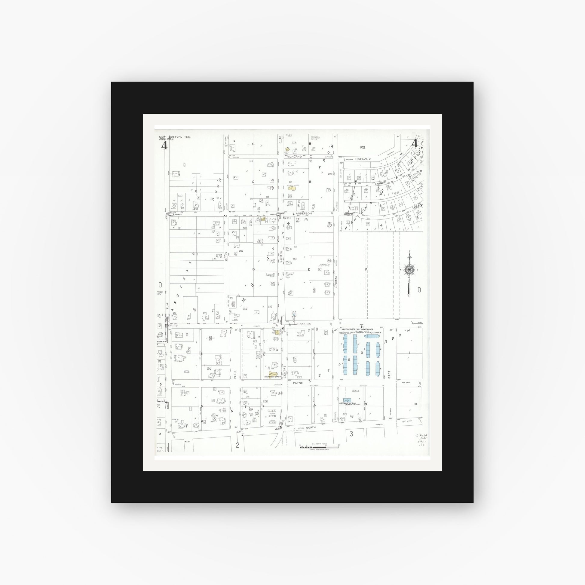 Old map wall art mockup — black gallery frame with white mat — Sanborn Fire Insurance Map from New Boston, Bowie County, Texas (1952), Sheet #0004