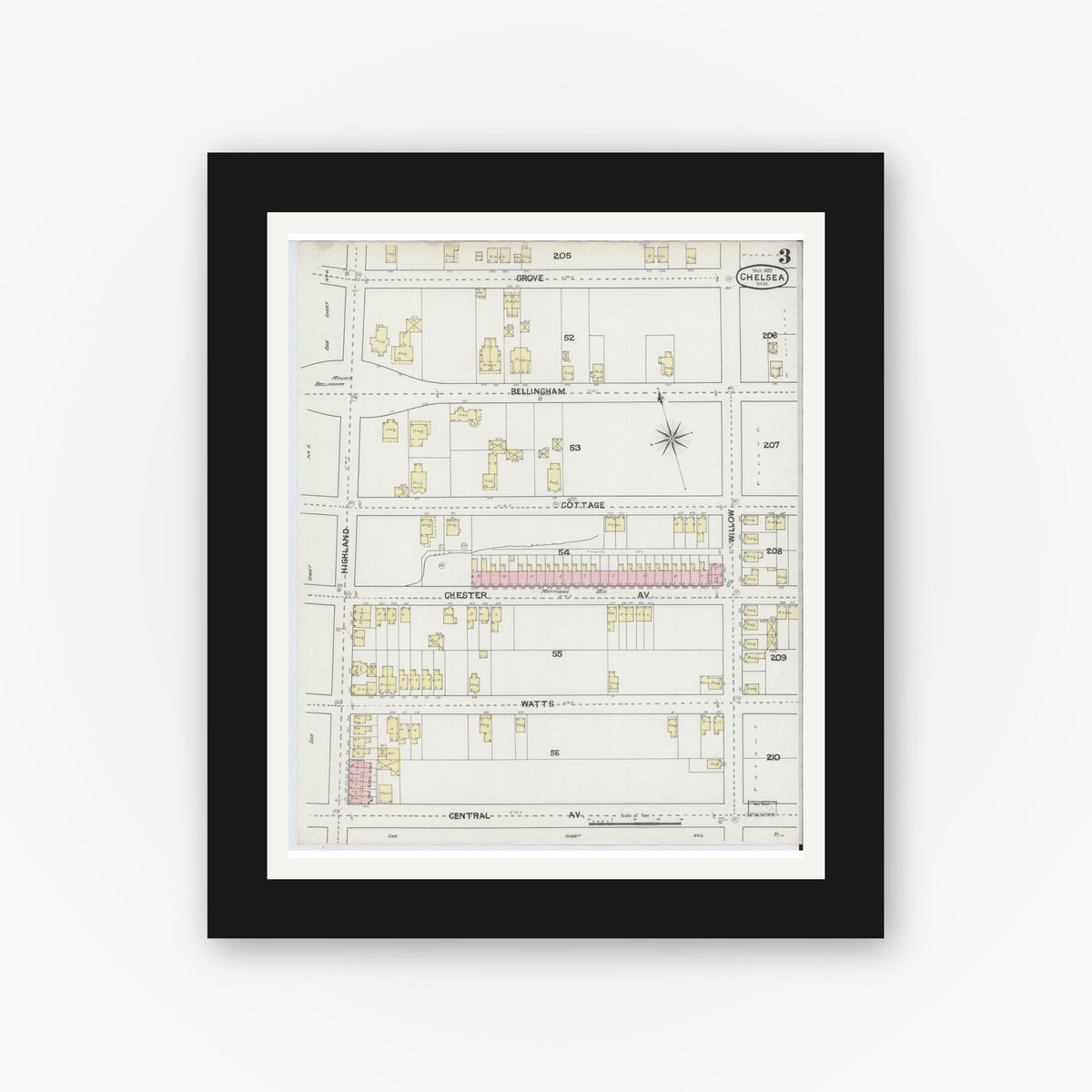 Old map wall art mockup — black gallery frame with white mat — Sanborn Fire Insurance Map from Chelsea, Suffolk County, Massachusetts (1889), Sheet #0003
