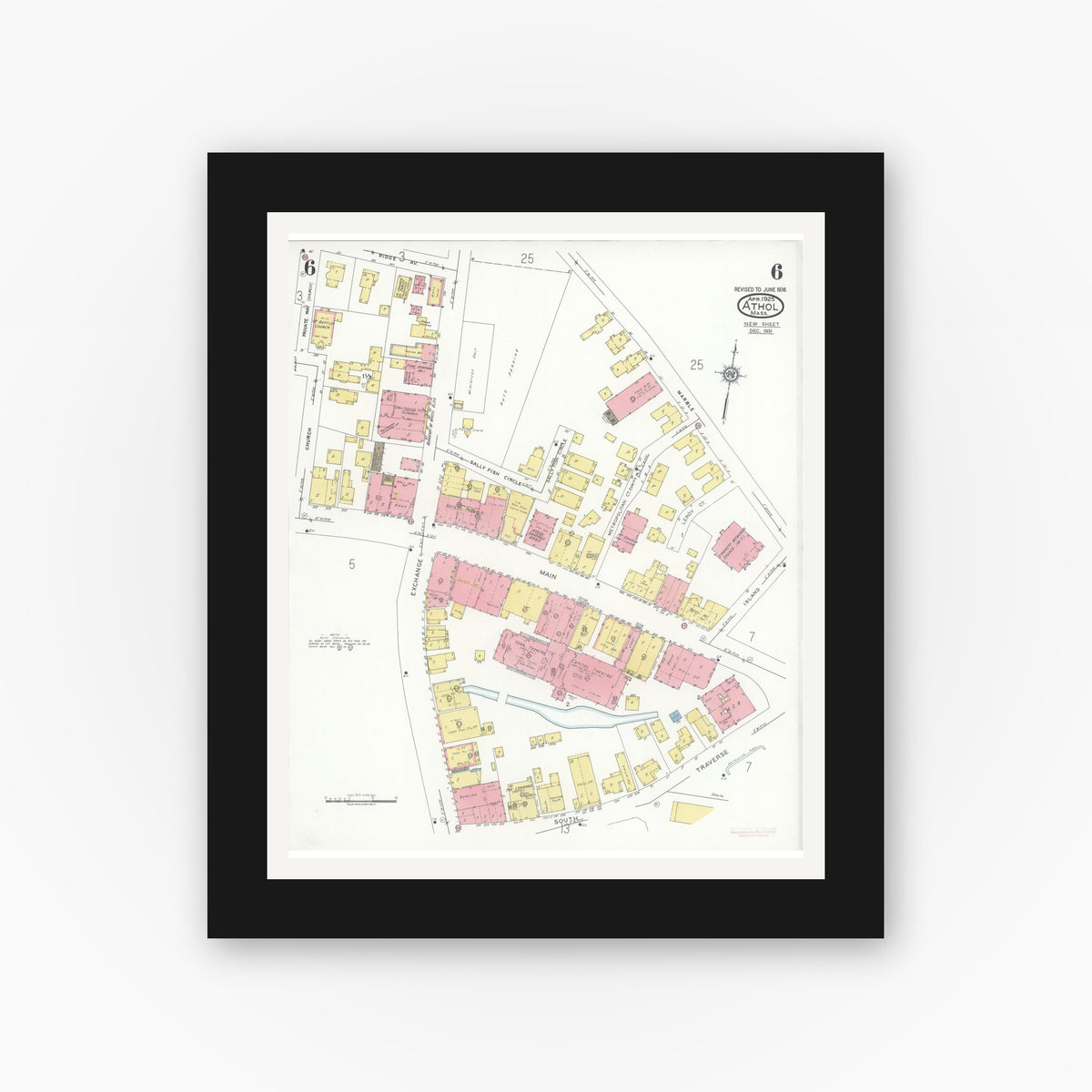Old map wall art mockup — black gallery frame with white mat — Sanborn Fire Insurance Map from Athol, Worcester County, Massachusetts (1936), Sheet #0006