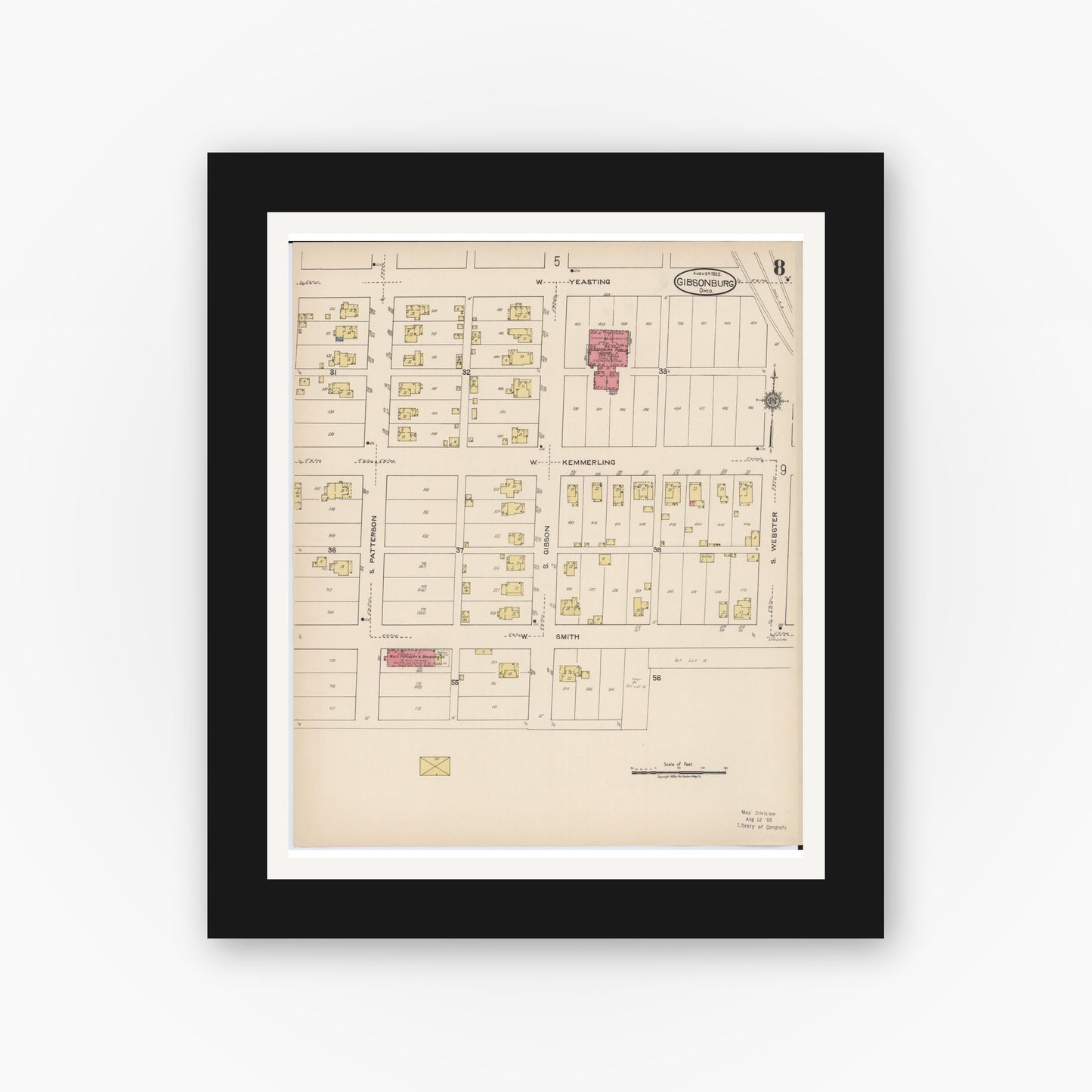 Old map wall art mockup — black gallery frame with white mat — Sanborn Fire Insurance Map from Gibsonburg, Sandusky County, Ohio (1922), Sheet #0008