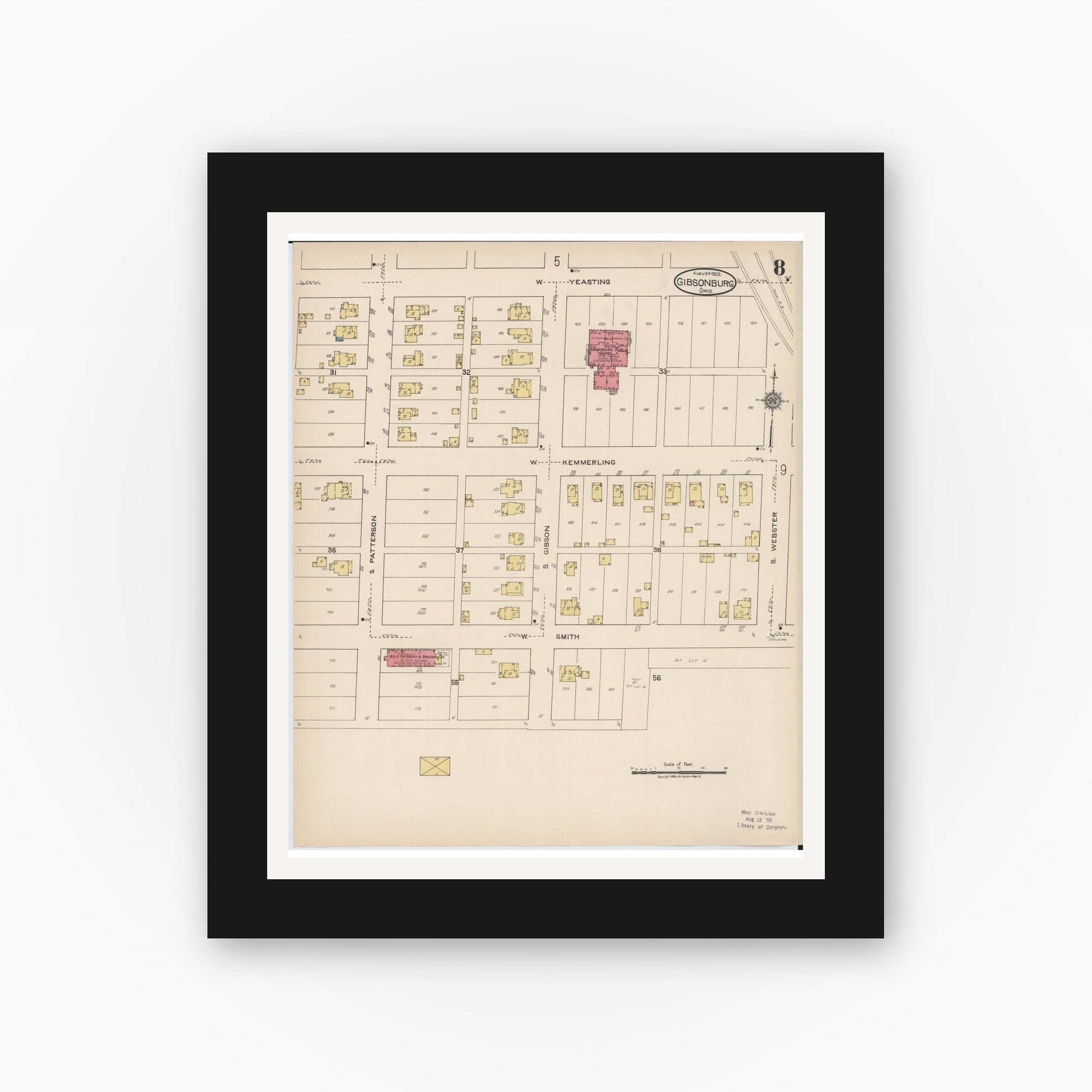 Old map wall art mockup — black gallery frame with white mat — Sanborn Fire Insurance Map from Gibsonburg, Sandusky County, Ohio (1922), Sheet #0008