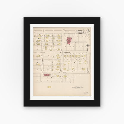 Old map wall art mockup — black gallery frame with white mat — Sanborn Fire Insurance Map from Gibsonburg, Sandusky County, Ohio (1922), Sheet #0008