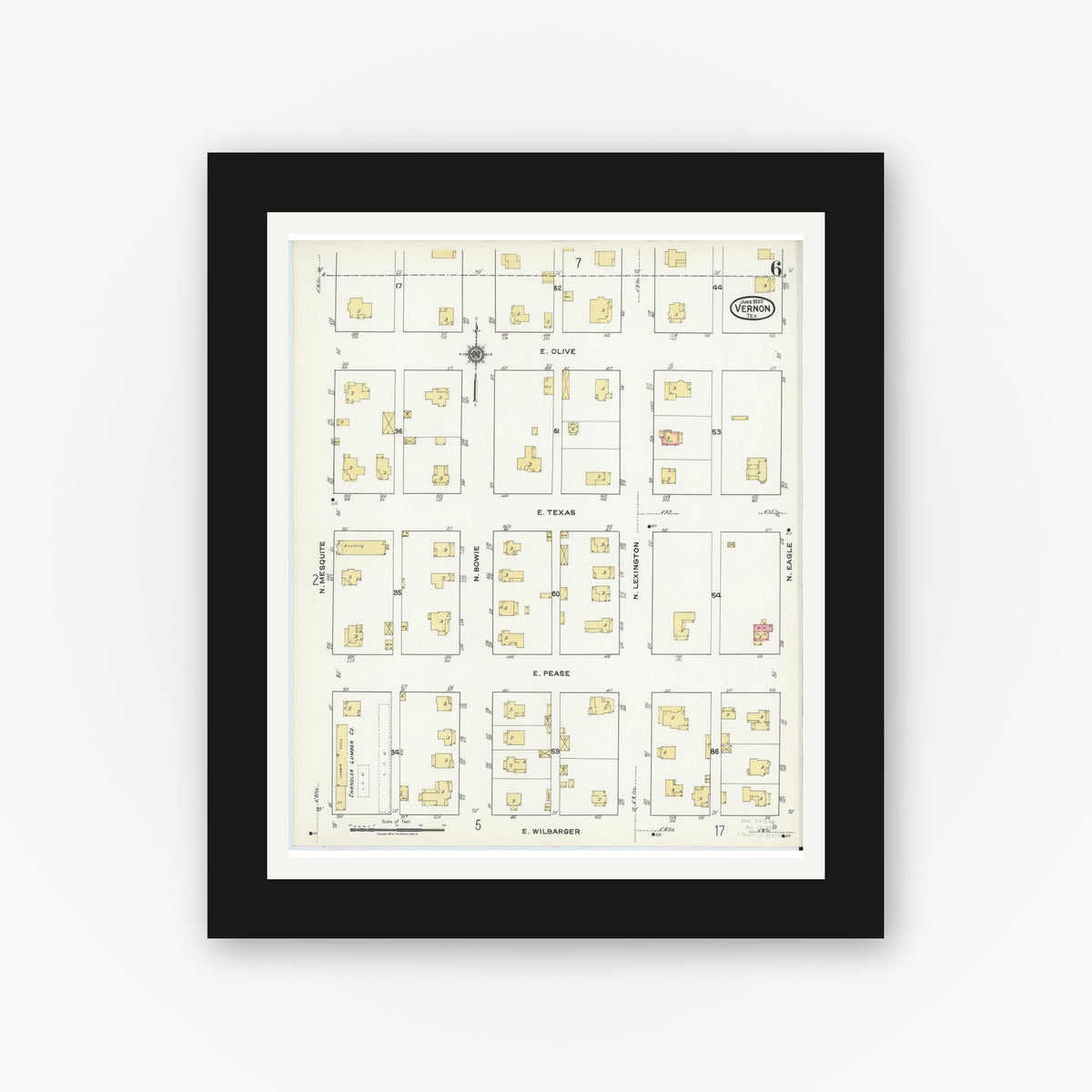 Old map wall art mockup — black gallery frame with white mat — Sanborn Fire Insurance Map from Vernon, Wilbarger County, Texas (1920), Sheet #0006