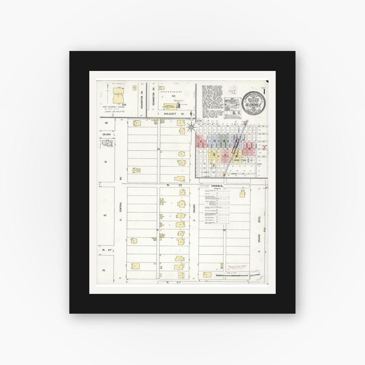 Old map wall art mockup — black gallery frame with white mat — Sanborn Fire Insurance Map from Glendale, Los Angeles County, California (1908), Sheet #0001