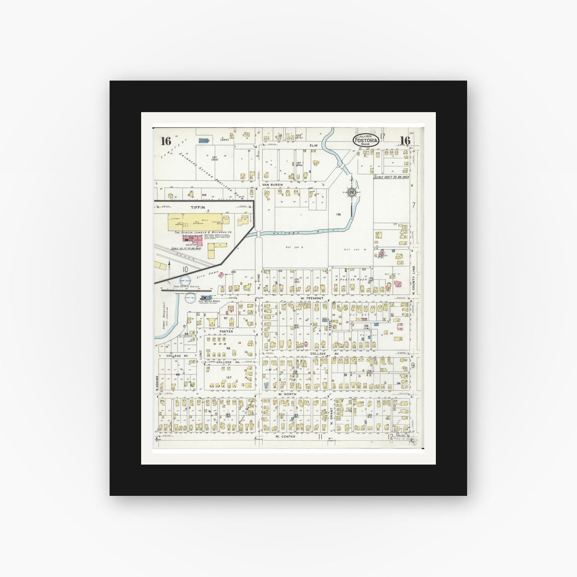 Old map wall art mockup — black gallery frame with white mat — Sanborn Fire Insurance Map from Fostoria, Seneca, Hancock, And Wood Counties, Ohio (1924), Sheet #0016