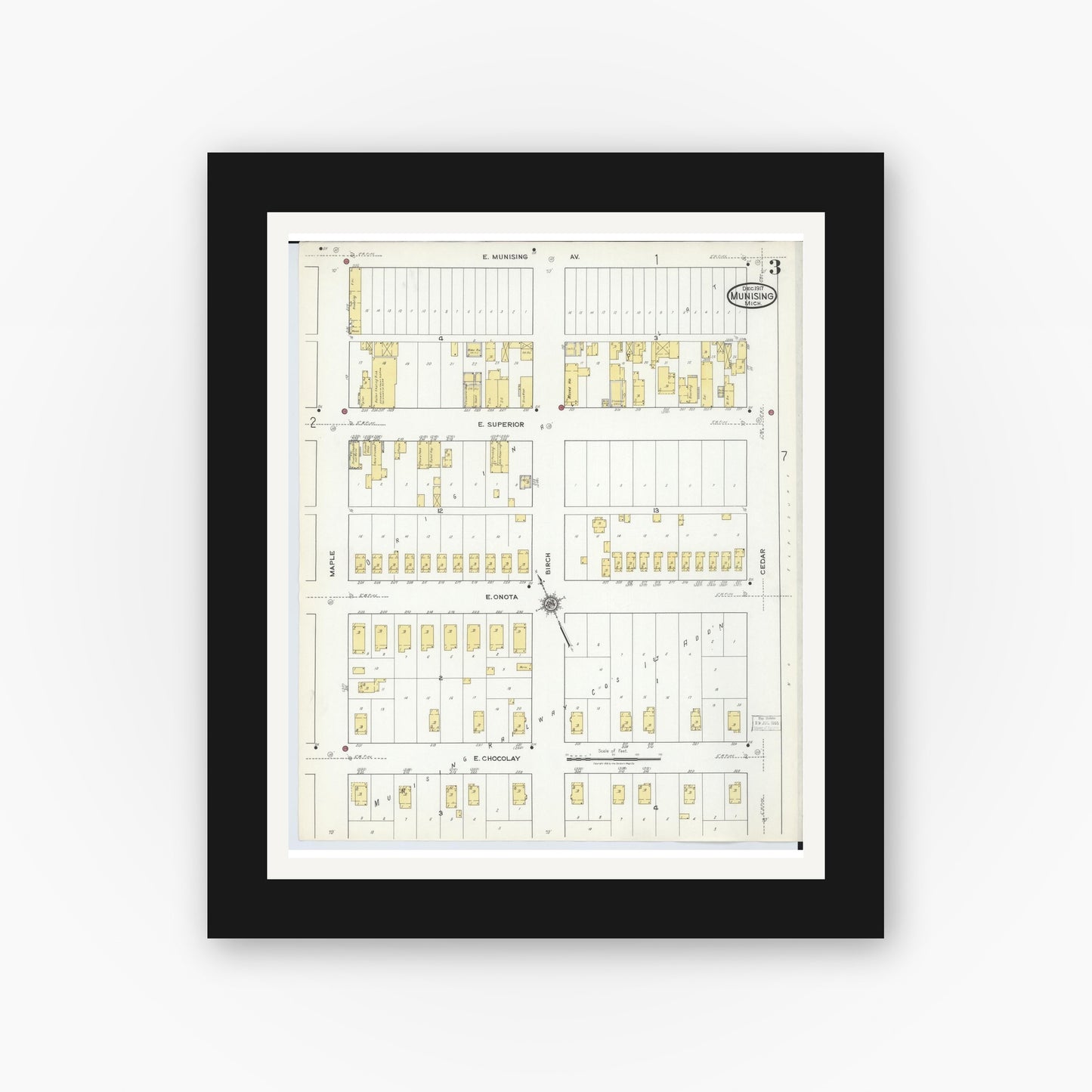 Old map wall art mockup — black gallery frame with white mat — Sanborn Fire Insurance Map from Munising, Alger County, Michigan (1917), Sheet #0003
