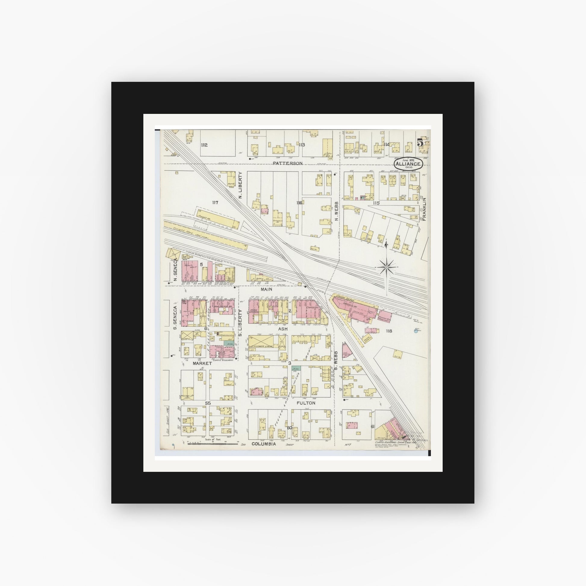 Old map wall art mockup — black gallery frame with white mat — Sanborn Fire Insurance Map from Alliance, Stark County, Ohio (1892), Sheet #0005