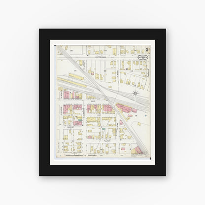 Old map wall art mockup — black gallery frame with white mat — Sanborn Fire Insurance Map from Alliance, Stark County, Ohio (1892), Sheet #0005