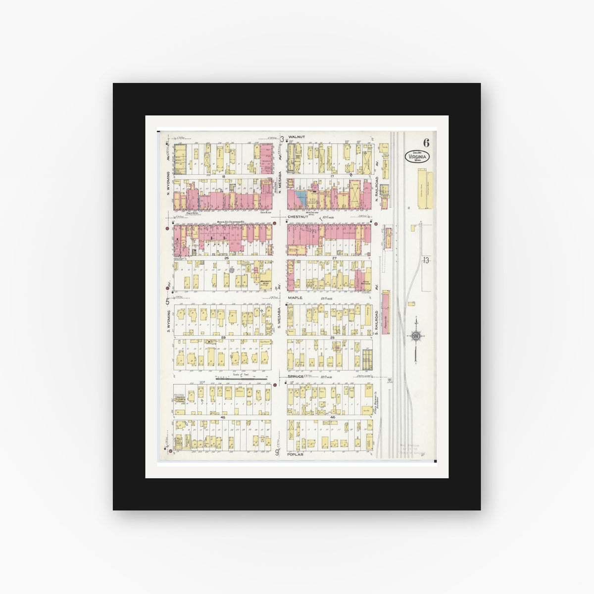 Old map wall art mockup — black gallery frame with white mat — Sanborn Fire Insurance Map from Virginia, Saint Louis County, Minnesota (1910), Sheet #0006