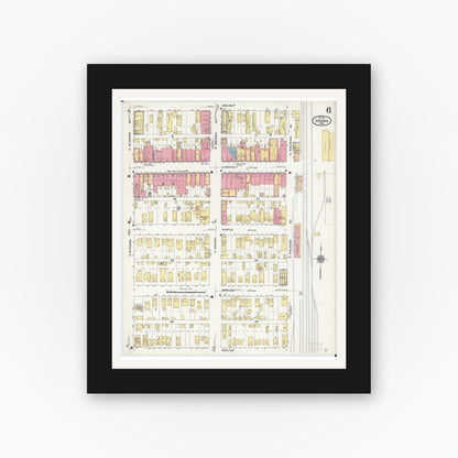 Old map wall art mockup — black gallery frame with white mat — Sanborn Fire Insurance Map from Virginia, Saint Louis County, Minnesota (1910), Sheet #0006