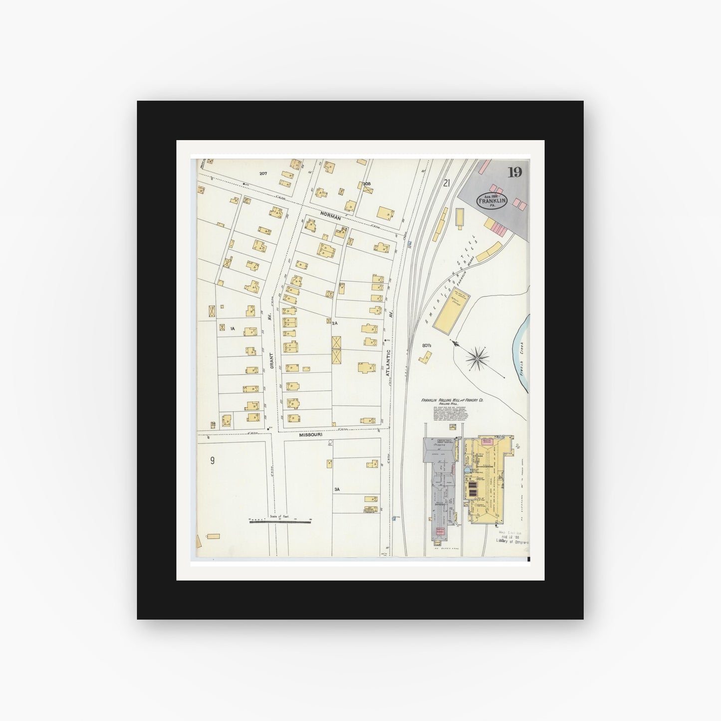 Old map wall art mockup — black gallery frame with white mat — Sanborn Fire Insurance Map from Franklin, Venango County, Pennsylvania (1906), Sheet #0019