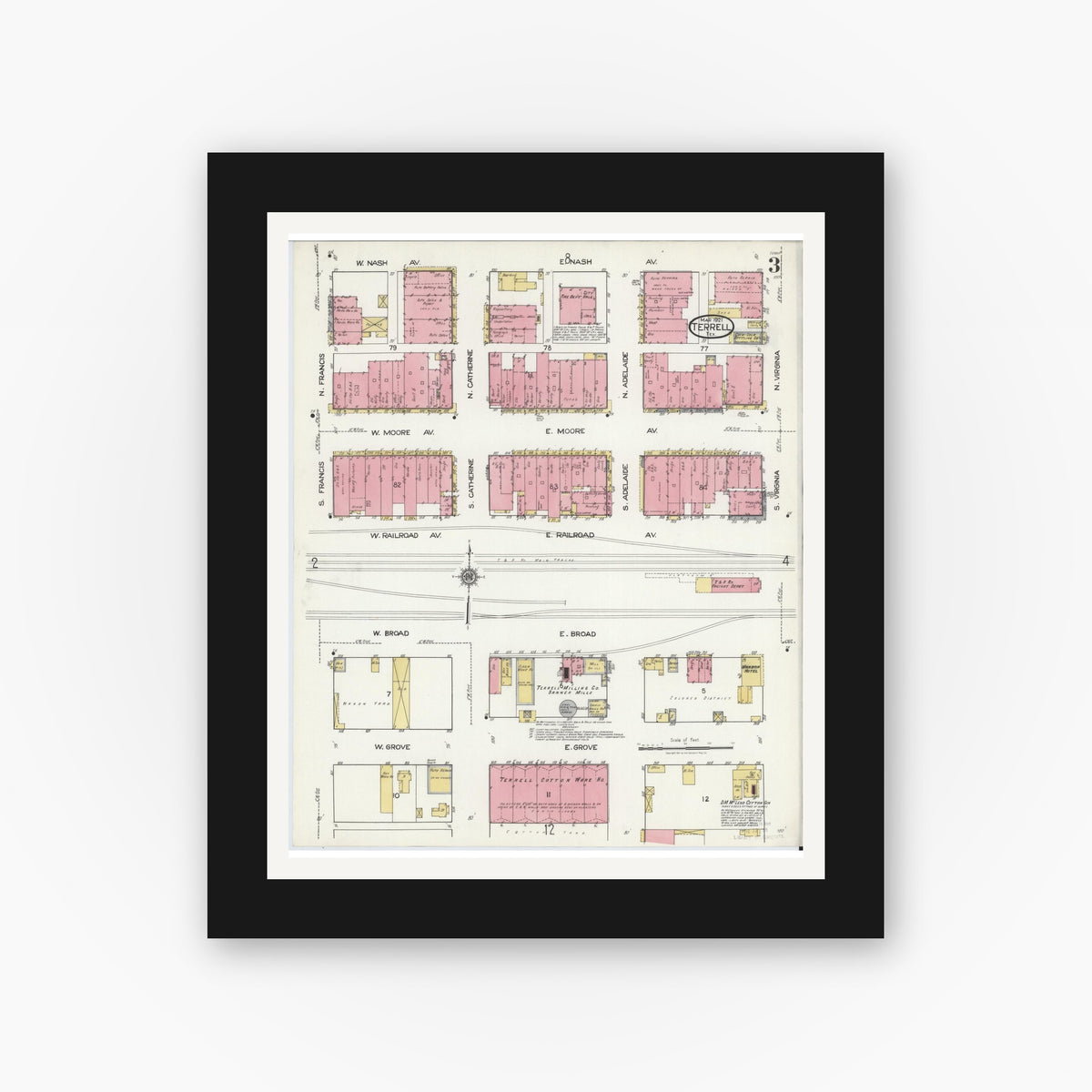 Old map wall art mockup — black gallery frame with white mat — Sanborn Fire Insurance Map from Terrell, Kaufman County, Texas (1921), Sheet #0003