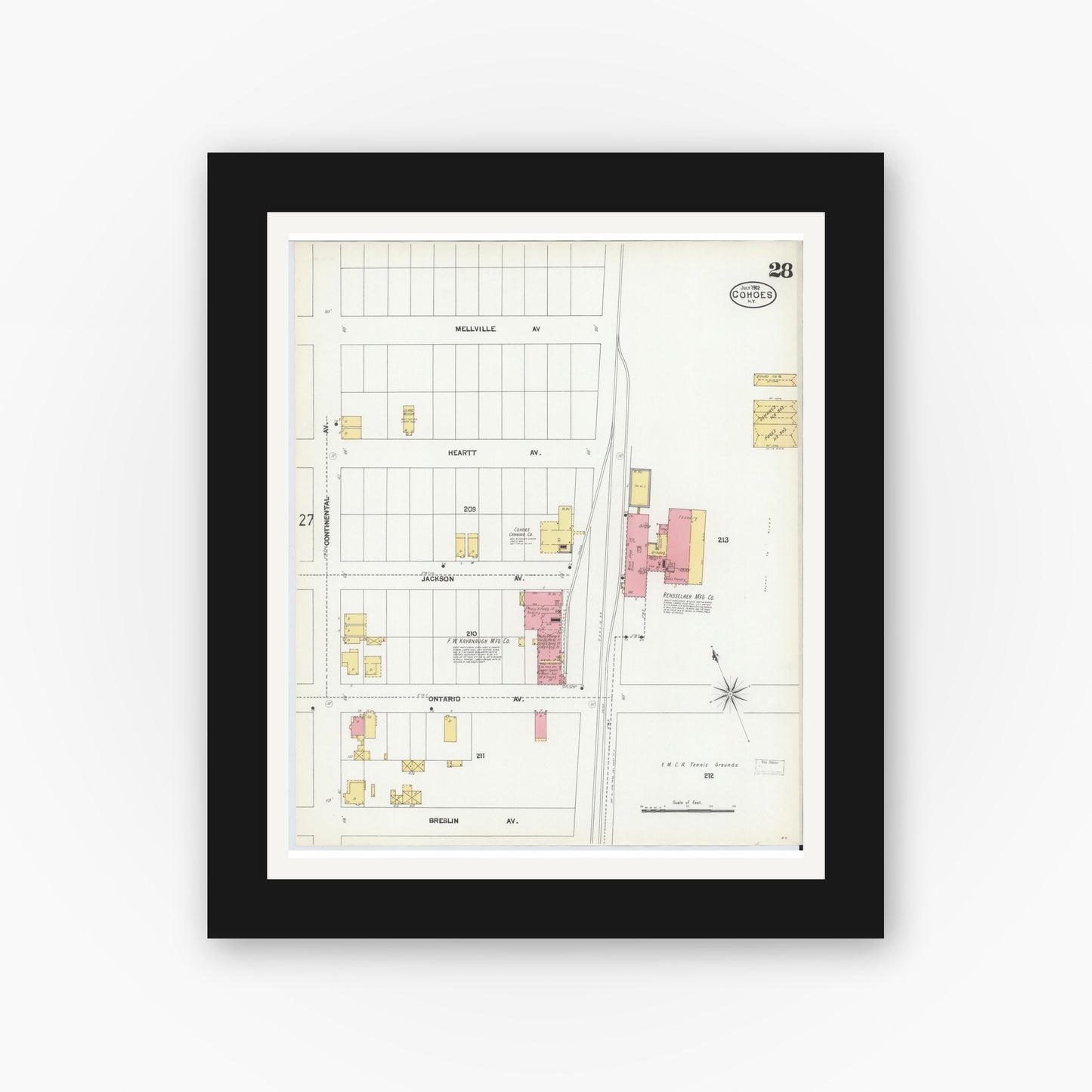 Old map wall art mockup — black gallery frame with white mat — Sanborn Fire Insurance Map from Cohoes, Albany County, New York (1902), Sheet #0028