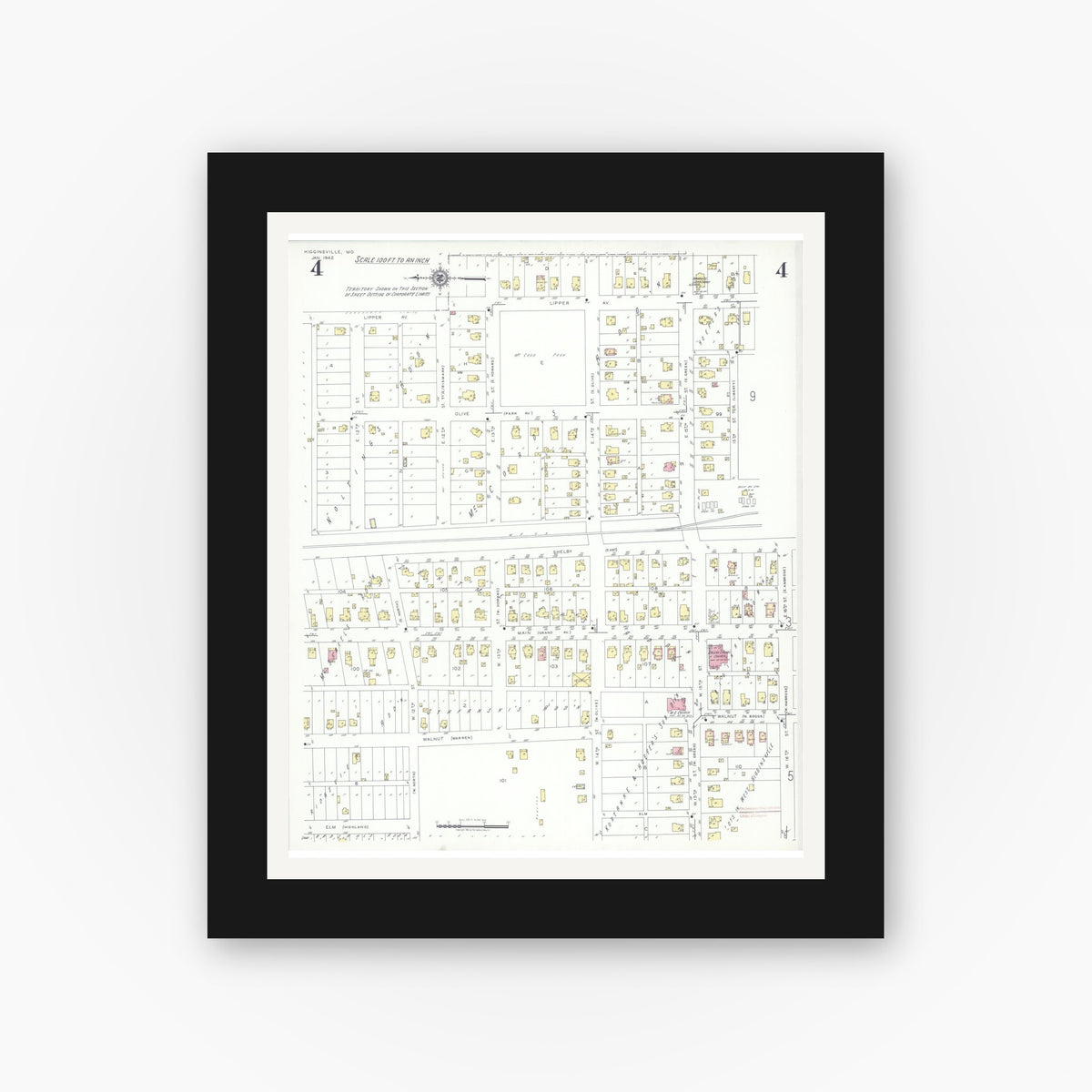 Old map wall art mockup — black gallery frame with white mat — Sanborn Fire Insurance Map from Higginsville, Lafayette County, Missouri (1942), Sheet #0004