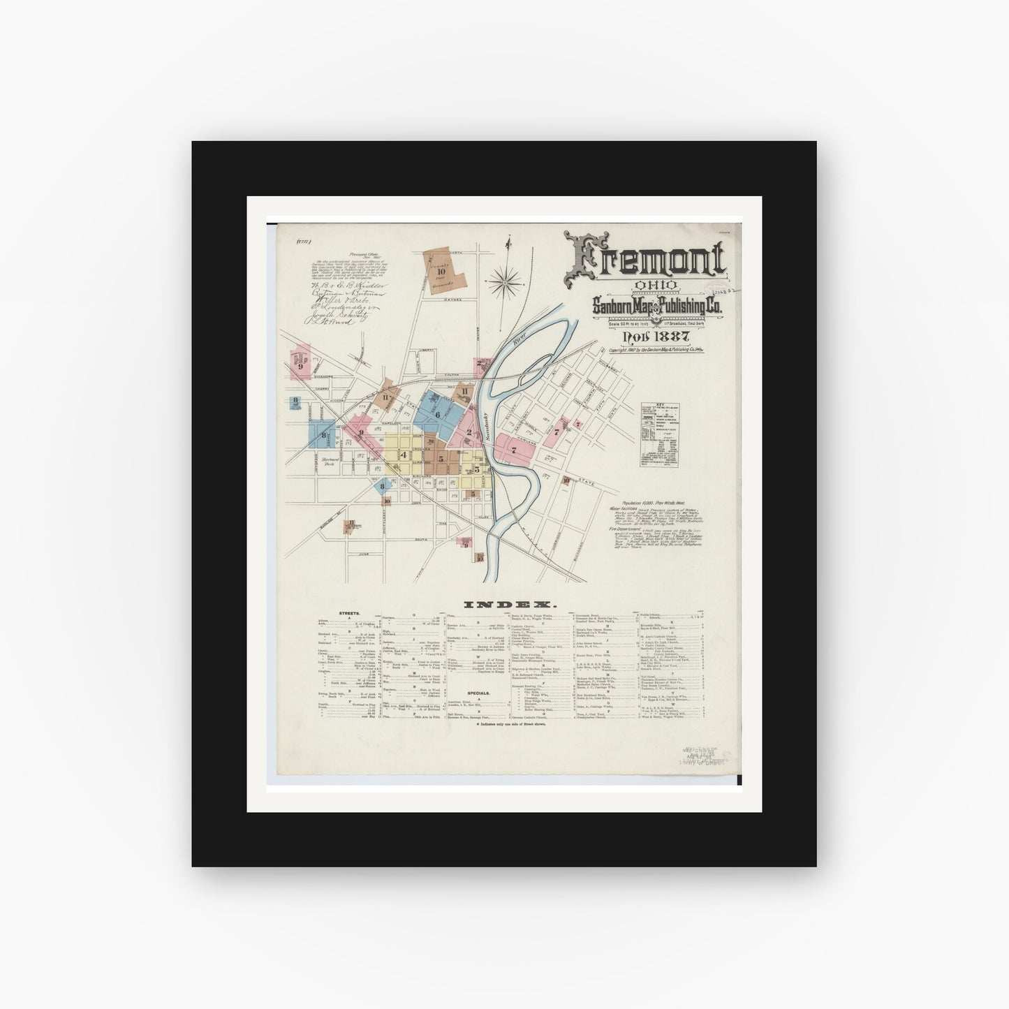 Old map wall art mockup — black gallery frame with white mat — Sanborn Fire Insurance Map from Fremont, Sandusky County, Ohio (1887) - Complete Map Set