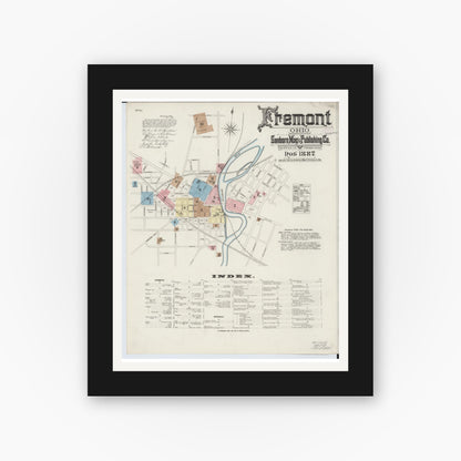 Old map wall art mockup — black gallery frame with white mat — Sanborn Fire Insurance Map from Fremont, Sandusky County, Ohio (1887) - Complete Map Set