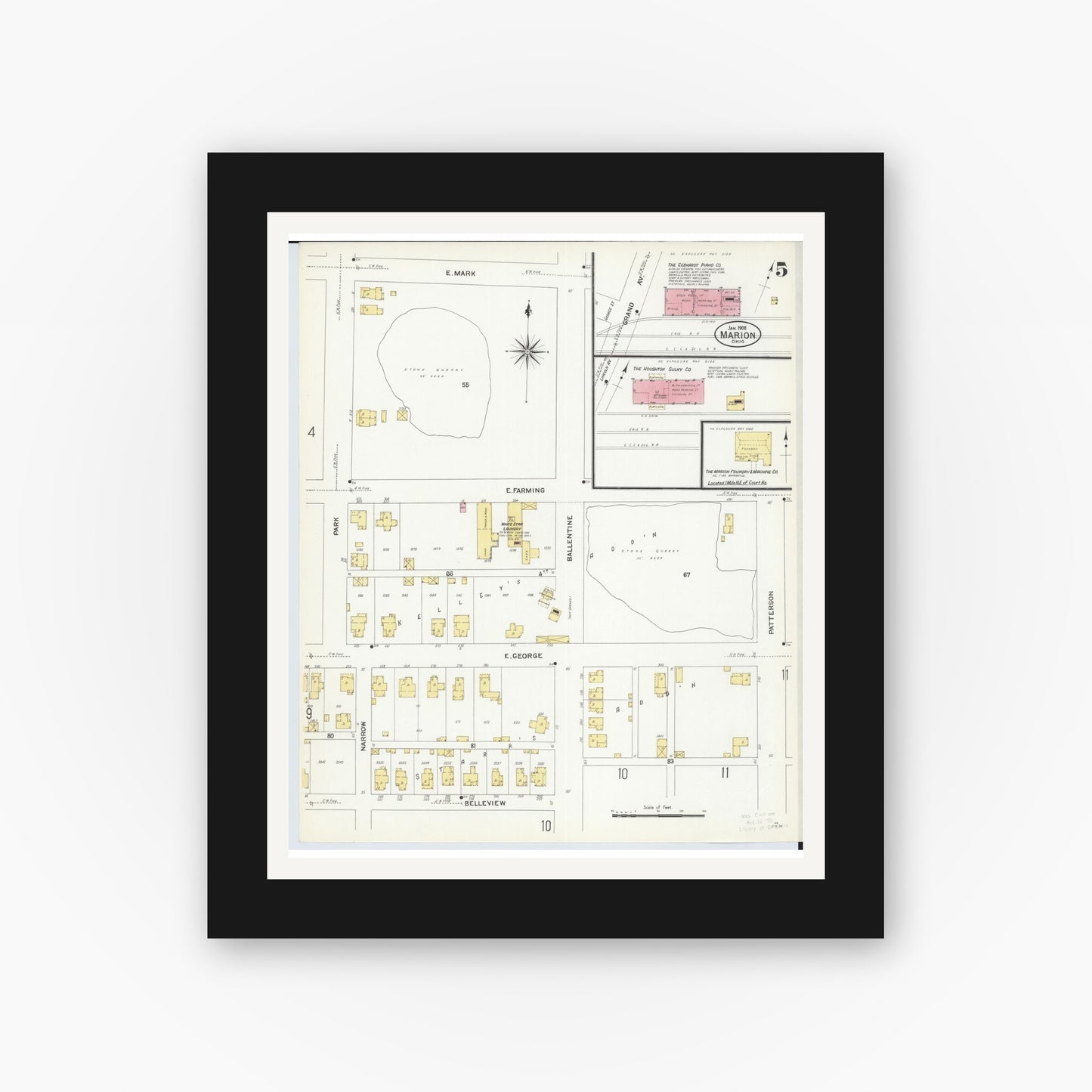 Old map wall art mockup — black gallery frame with white mat — Sanborn Fire Insurance Map from Marion, Marion County, Ohio (1908), Sheet #0005