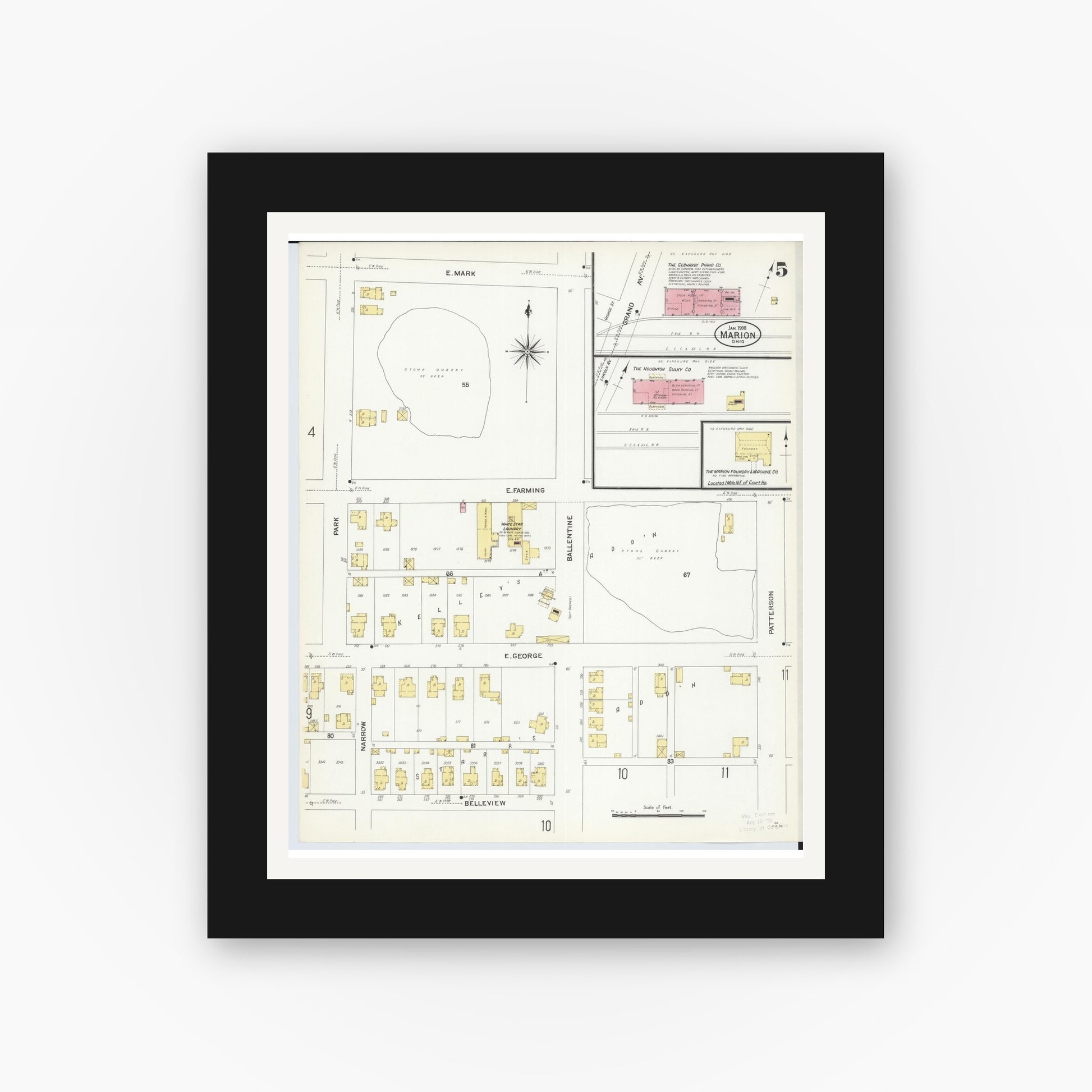 Old map wall art mockup — black gallery frame with white mat — Sanborn Fire Insurance Map from Marion, Marion County, Ohio (1908), Sheet #0005