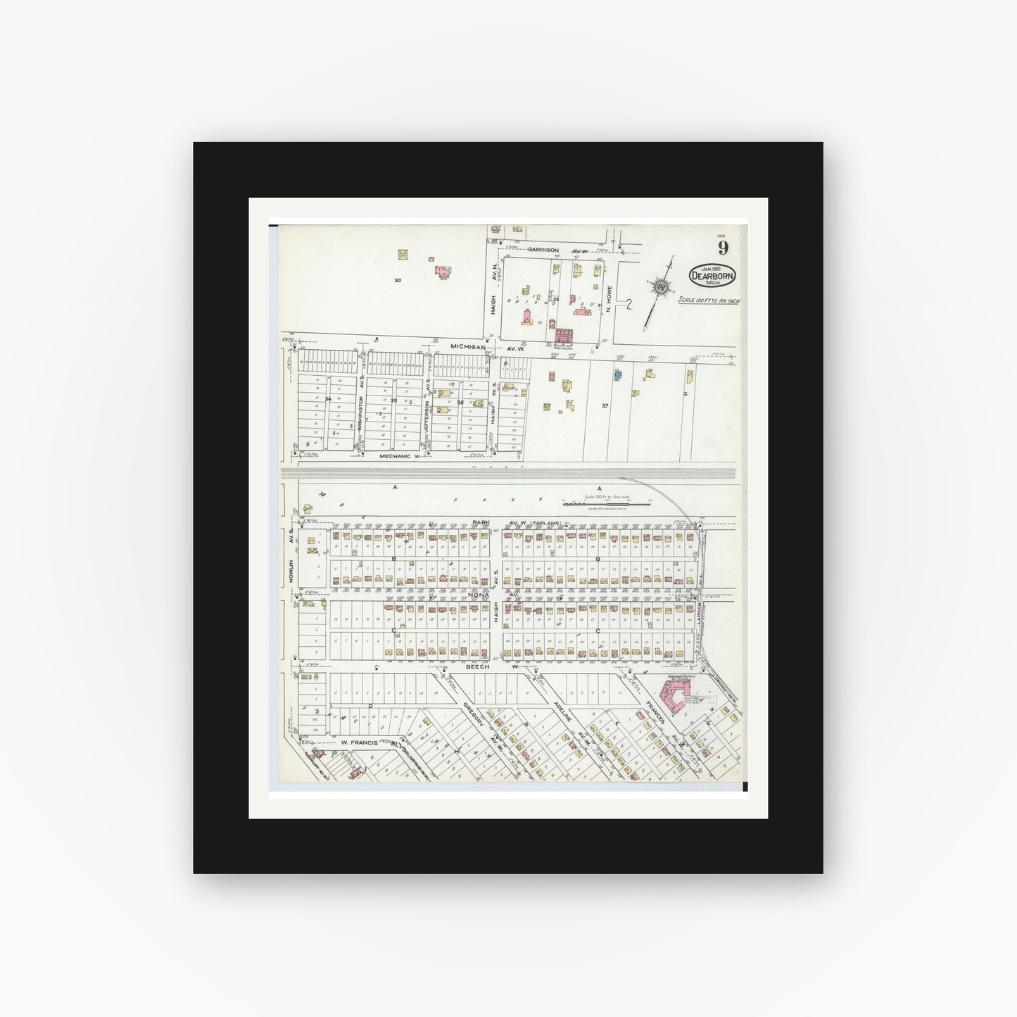 Old map wall art mockup — black gallery frame with white mat — Sanborn Fire Insurance Map from Dearborn, Wayne County, Michigan (1921), Sheet #0009