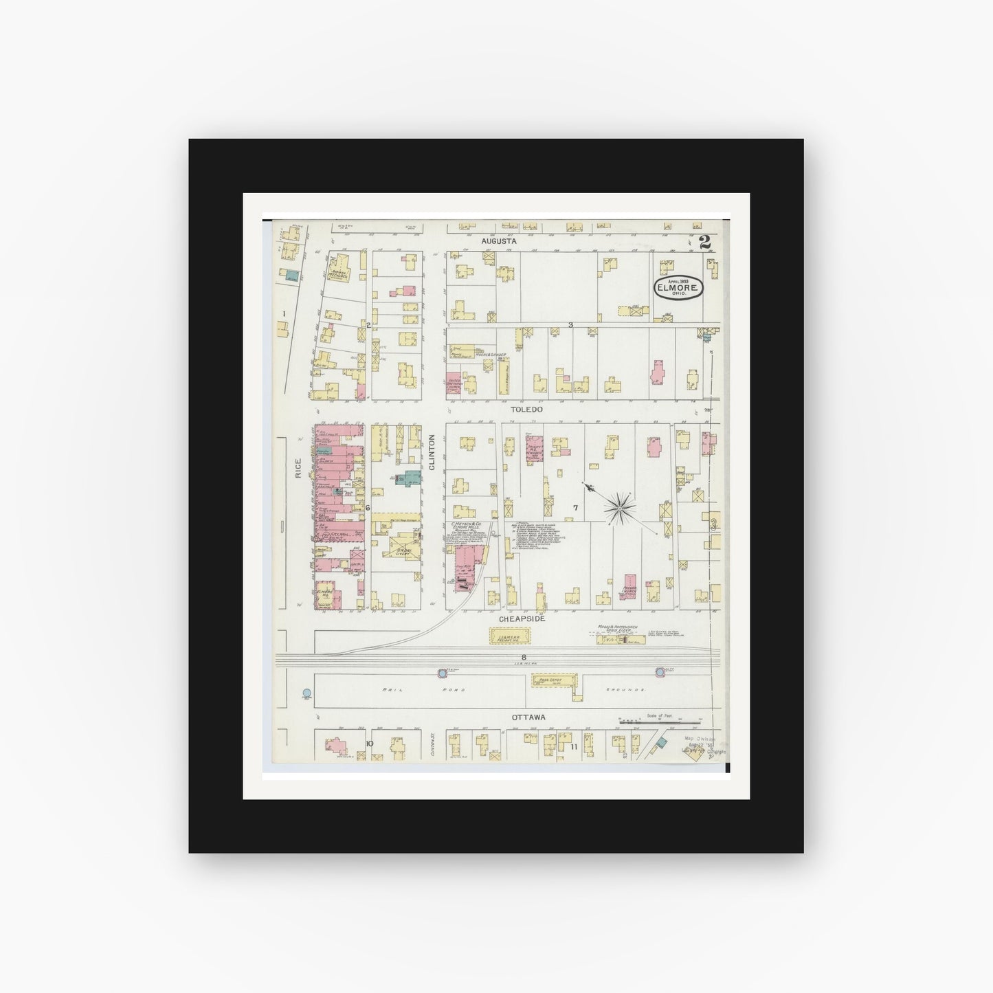 Old map wall art mockup — black gallery frame with white mat — Sanborn Fire Insurance Map from Elmore, Ottawa County, Ohio (1893), Sheet #0002