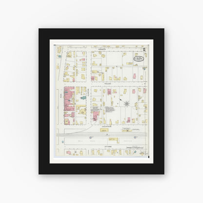 Old map wall art mockup — black gallery frame with white mat — Sanborn Fire Insurance Map from Elmore, Ottawa County, Ohio (1893), Sheet #0002