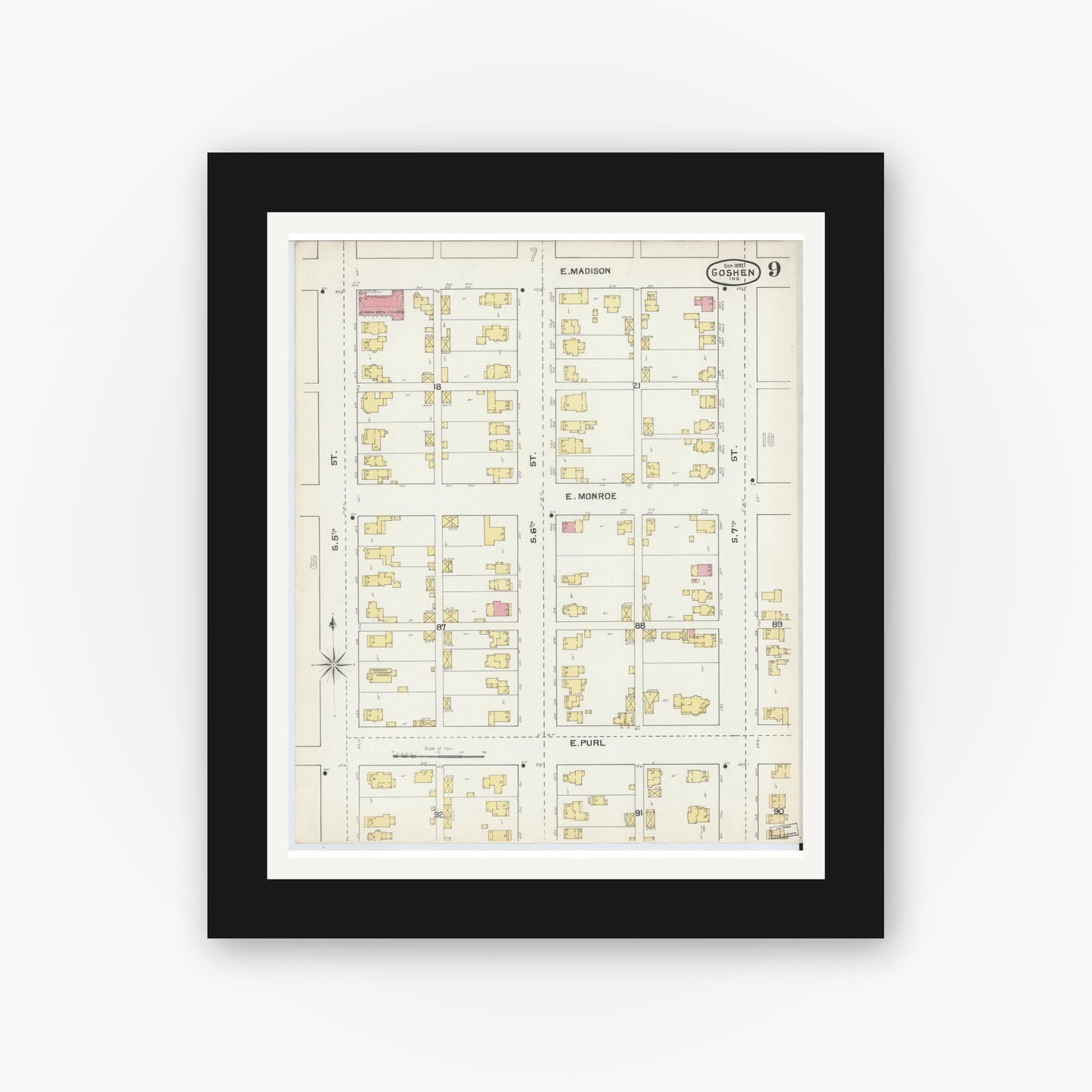 Old map wall art mockup — black gallery frame with white mat — Sanborn Fire Insurance Map from Goshen, Elkhart County, Indiana (1892), Sheet #0009