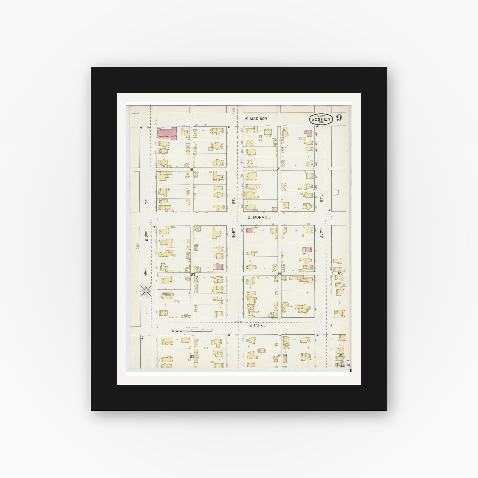 Old map wall art mockup — black gallery frame with white mat — Sanborn Fire Insurance Map from Goshen, Elkhart County, Indiana (1892), Sheet #0009