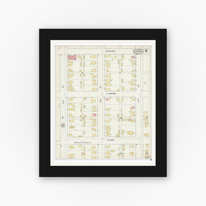 Old map wall art mockup — black gallery frame with white mat — Sanborn Fire Insurance Map from Goshen, Elkhart County, Indiana (1892), Sheet #0009
