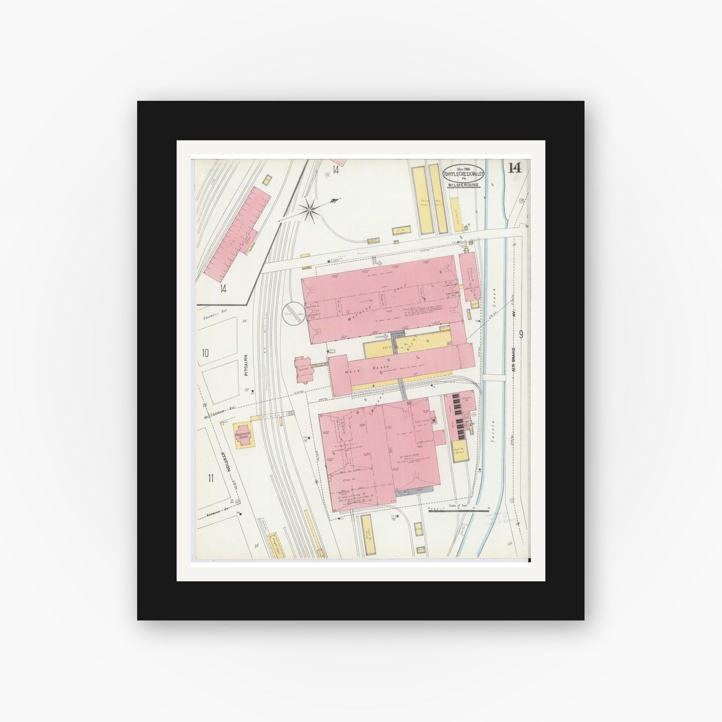 Old map wall art mockup — black gallery frame with white mat — Sanborn Fire Insurance Map from Turtle Creek Valley, Allegheny County, Pennsylvania (1906), Sheet #0014