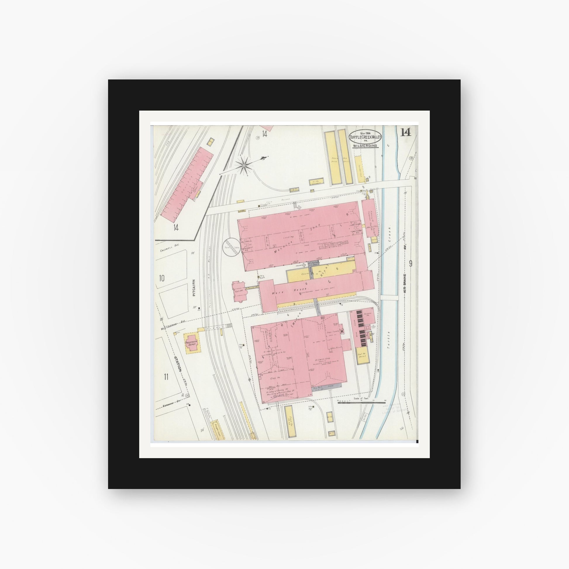 Old map wall art mockup — black gallery frame with white mat — Sanborn Fire Insurance Map from Turtle Creek Valley, Allegheny County, Pennsylvania (1906), Sheet #0014