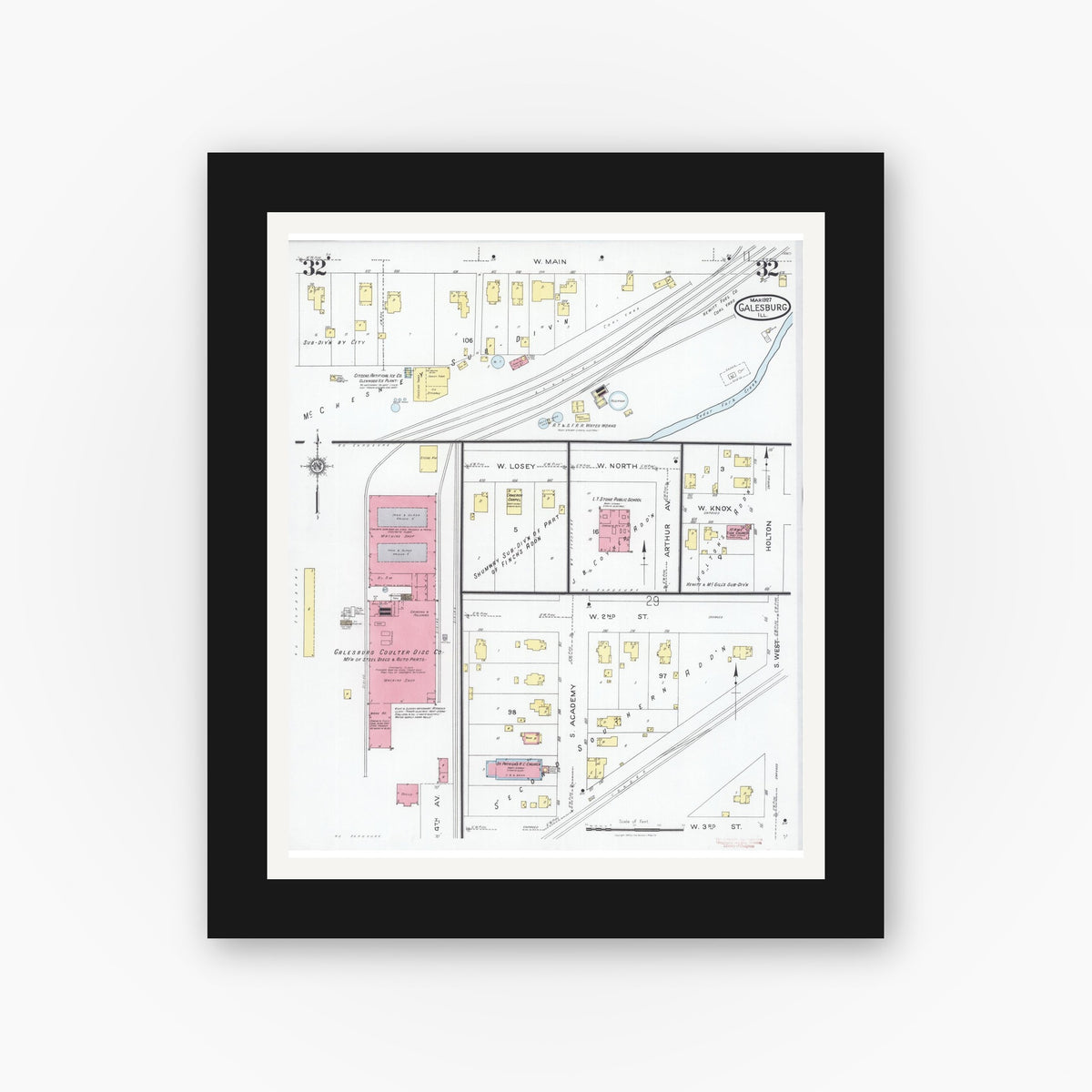 Old map wall art mockup — black gallery frame with white mat — Sanborn Fire Insurance Map from Galesburg, Knox County, Illinois (1927), Sheet #0032