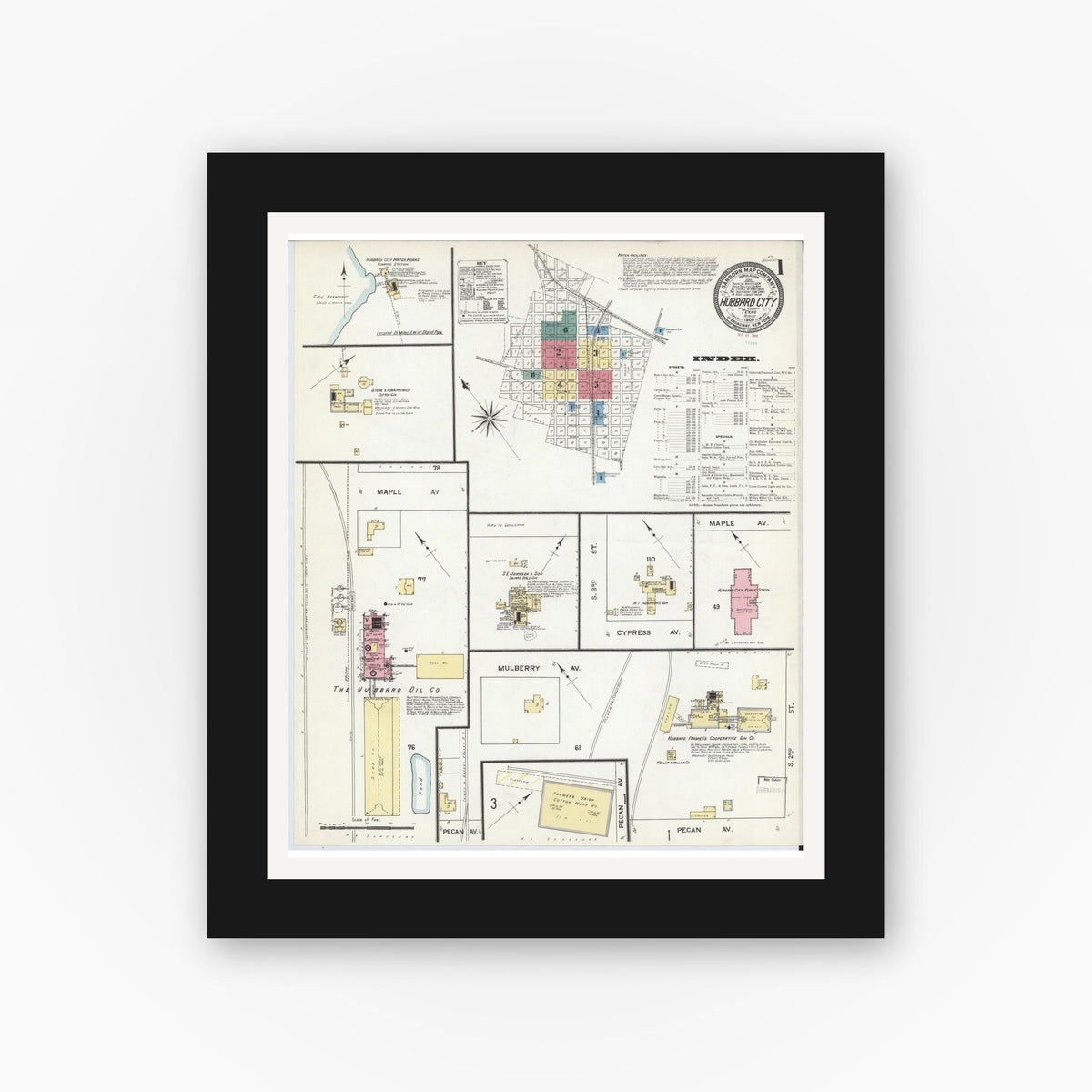 Old map wall art mockup — black gallery frame with white mat — Sanborn Fire Insurance Map from Hubbard, Hill County, Texas (1909) - Complete Map Set
