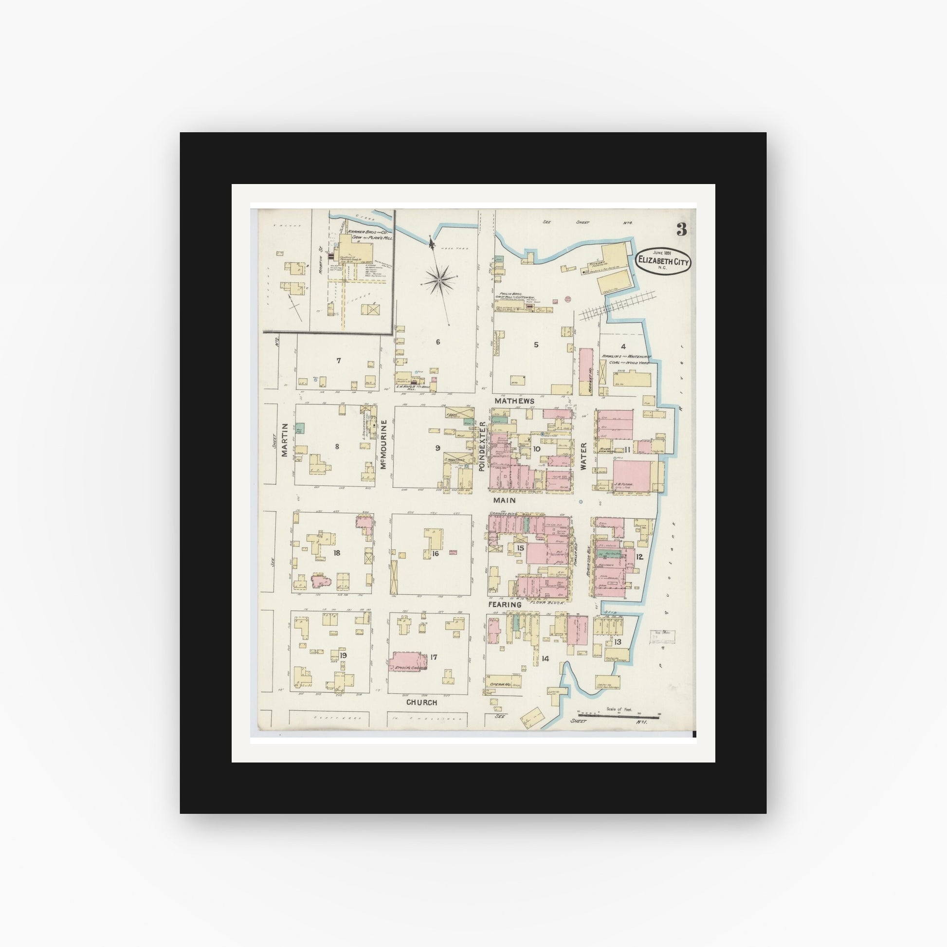 Old map wall art mockup — black gallery frame with white mat — Sanborn Fire Insurance Map from Elizabeth City, Pasquotank County, North Carolina (1891), Sheet #0003